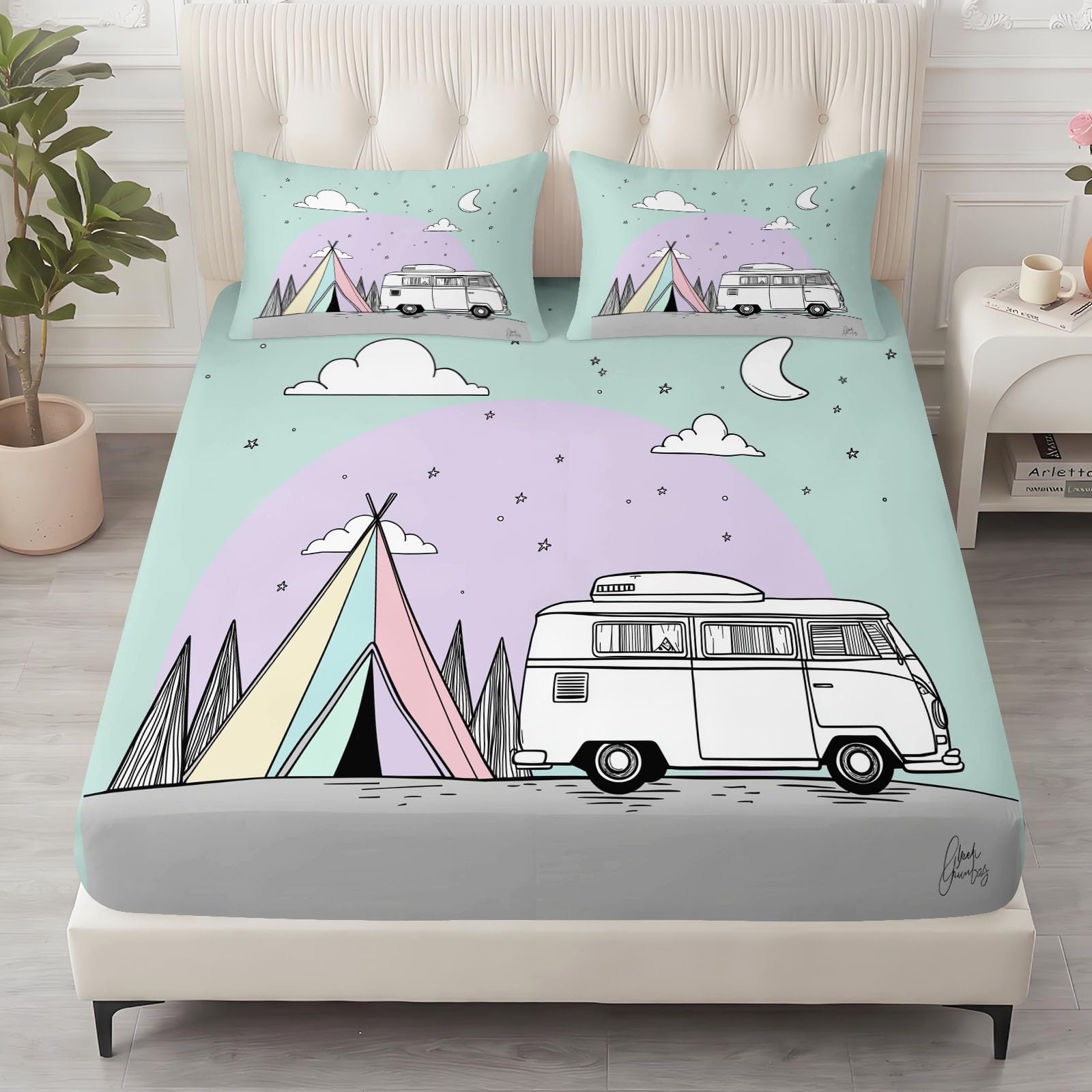 Lenzuolo con angoli per letto singolo, con tasca profonda 30 cm, morbida microfibra spazzolata, con 2 federe, traspirante, resistente allo sbiadimento, 90 x 190 cm, motivo: cielo stellato, camper