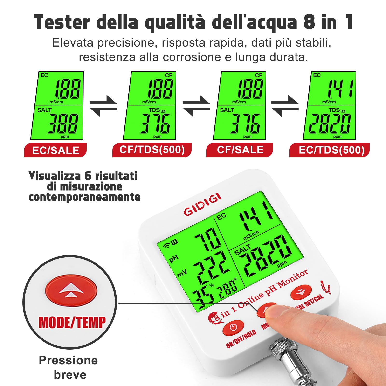Monitor di pH ppm WiFi, tester intelligente della qualità dell'acqua 8 in 1, misuratore di pH EC idroponico, tester pH TDS EC sale ORP con kit di soluzioni calibrazione, tester salinità per acquari