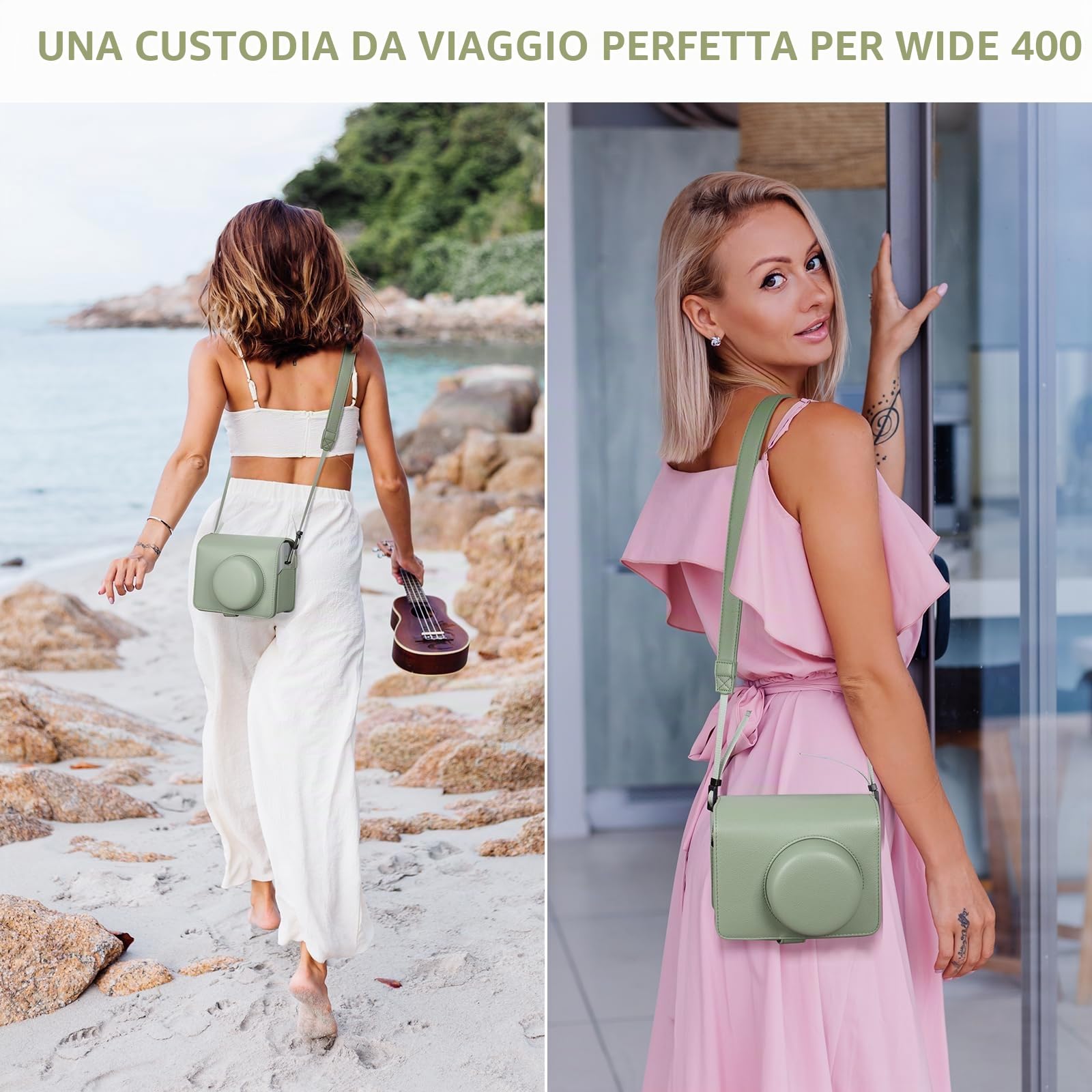 Custodia Protettiva in Pelle Compatibile con Fotocamera Istantanea Fujifilm Instax Wide 400, Custodia per Fotocamera Wide 400 con Tracolla - Verde Fresco