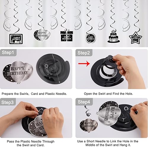 Miniatura 6 de Decoraciones de cumpleaños en blanco y negro para hombres y mujeres, juego de 74 globos de feliz cumpleaños para niños y niñas con mantel de