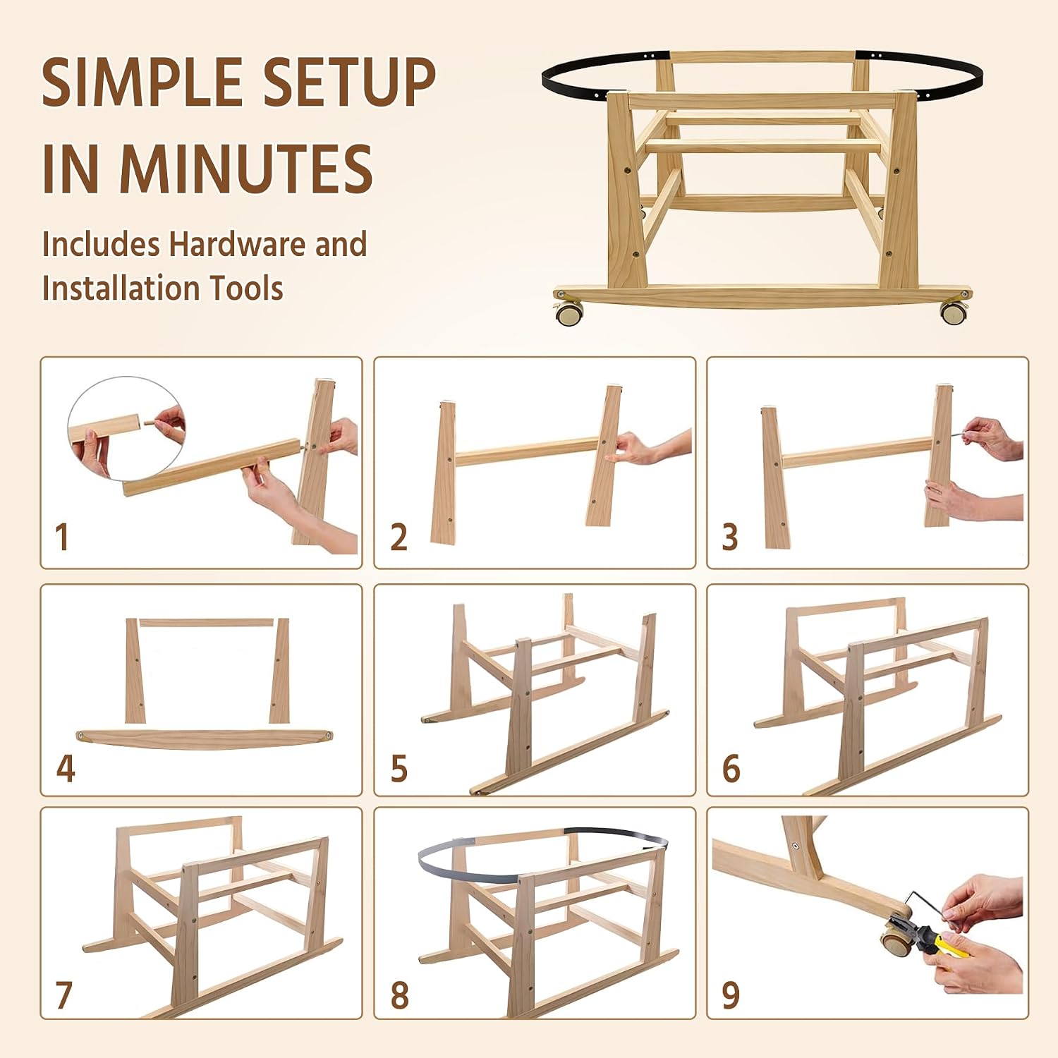 Wooden Bassinet Stand with Foldable Wheels and Change Mat, Rocking Moses Basket Stand for Baby Bassinets, Baby Basket Stand with Waterproof Diaper Changing Pad