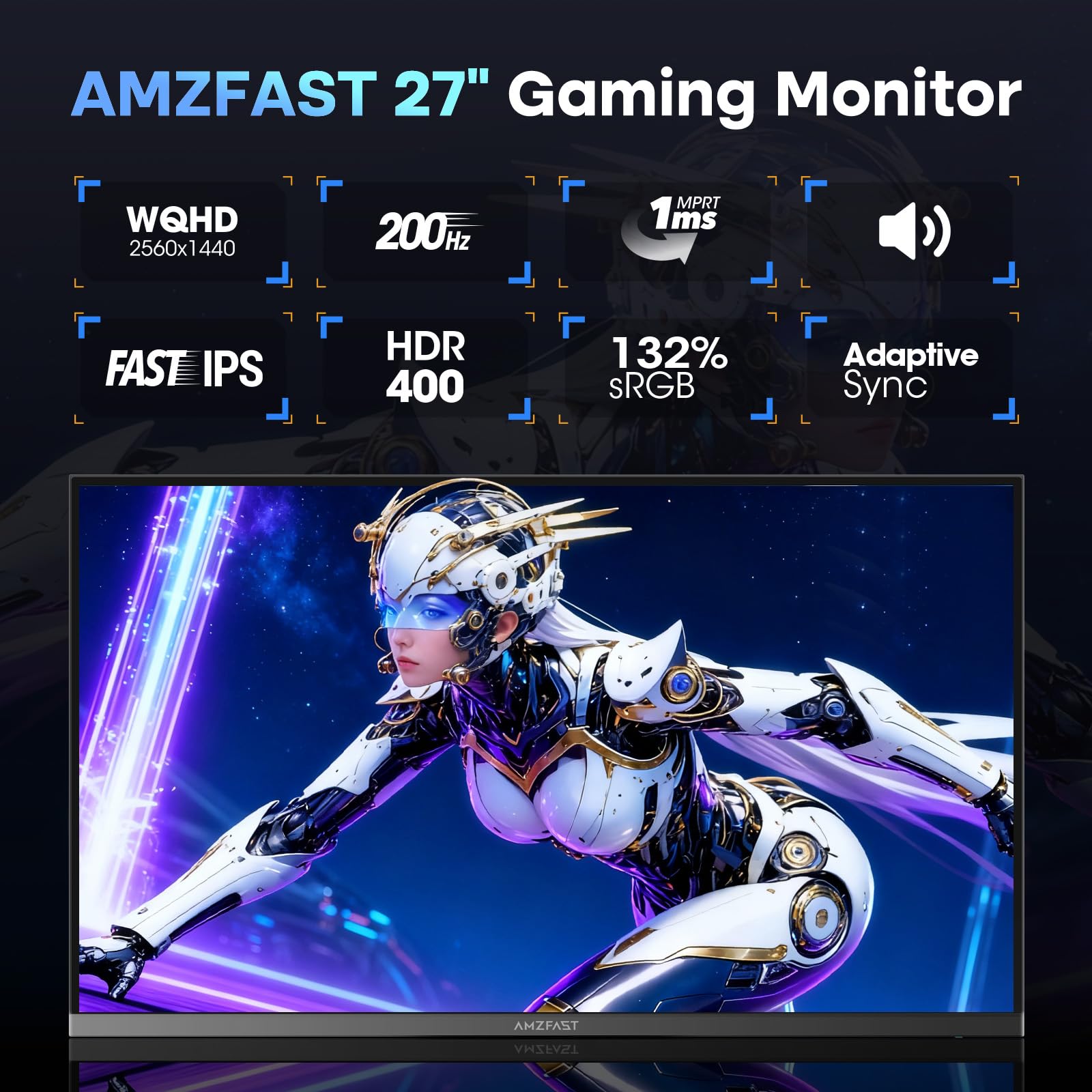 Amzfast Gaming Monitor 27 Zoll, QHD 2560x1440, 200Hz, Fast-IPS 1ms MPRT, Adaptive Sync, HDR400, 132% sRGB, Lautsprecher, VESA + ausziehbarer Kopfhörerhalter – AMZG27F5Q