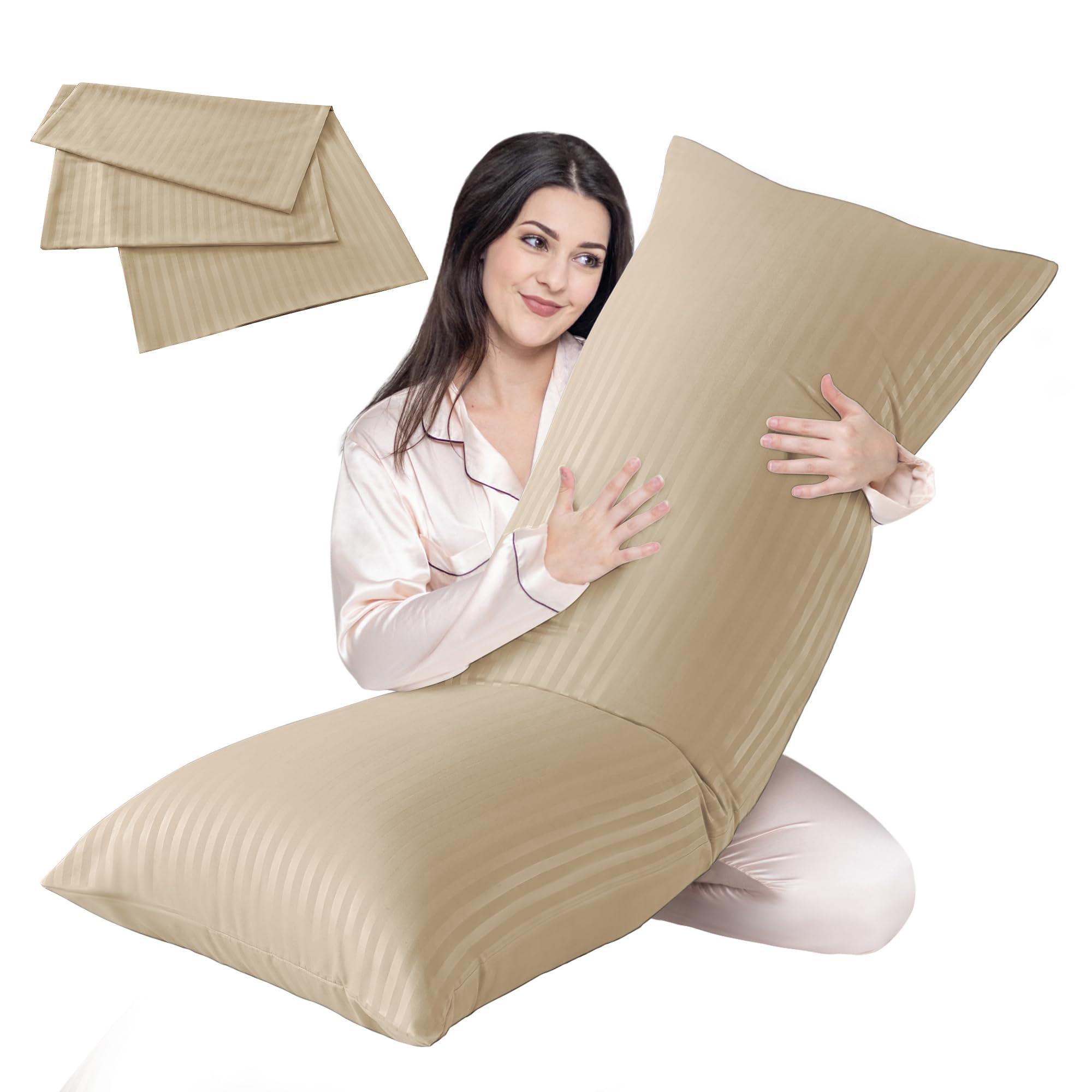 Cosybay Full Body Pillow Insert with Beige Pillowcase - Fluffy Long Bed Pillow for Adults - Firm Large Body Pillow with Washable Cover for Side and Back Sleepers - 20x54 Inch(Beige)