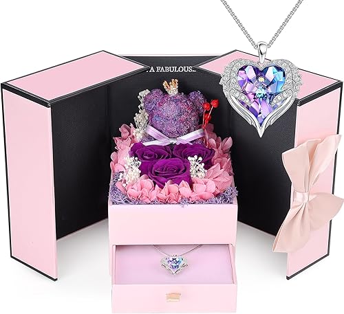 Miniatura 10 de Suturun Rosas reales preservadas para ella, rosa preservada eterna con collar, regalo romántico para ella, mamá, esposa, novia en aniversario de