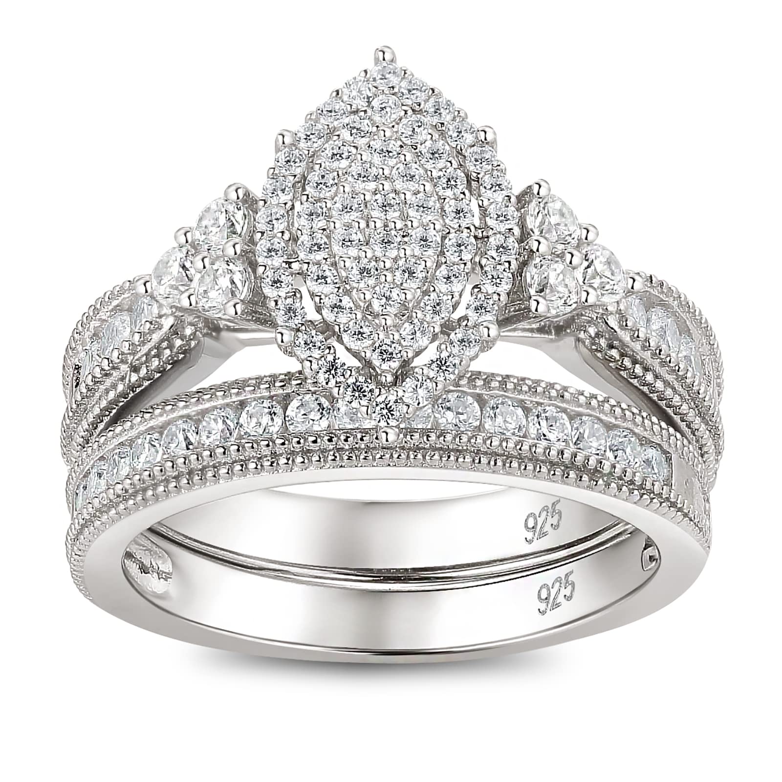 SHELOVES JEWELRYSHELOVES Marquise Shape Vintage Engagement Wedding Rings Set White Round CZ 925 Sterling Silver Sz 5-10