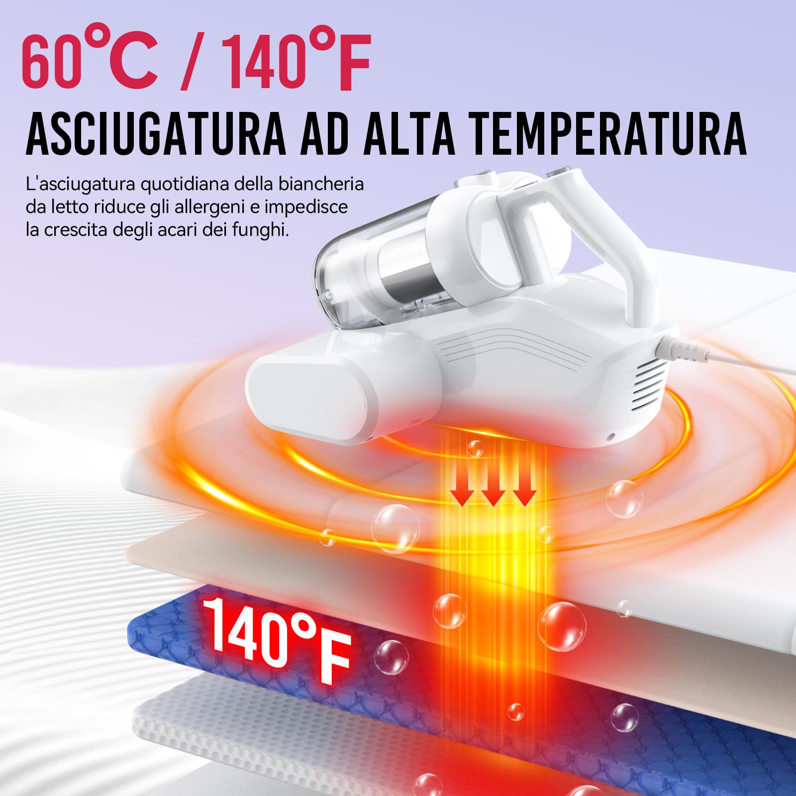 YUFAC Aspirapolvere per materassi con luce UV, 16Kpa Battimaterasso Aspirapolvere antiacaro, Aspiratore portatile per materassi da 600W con filtro HEPA, Aspiratore per letto, divano, tappeti (Bianco)