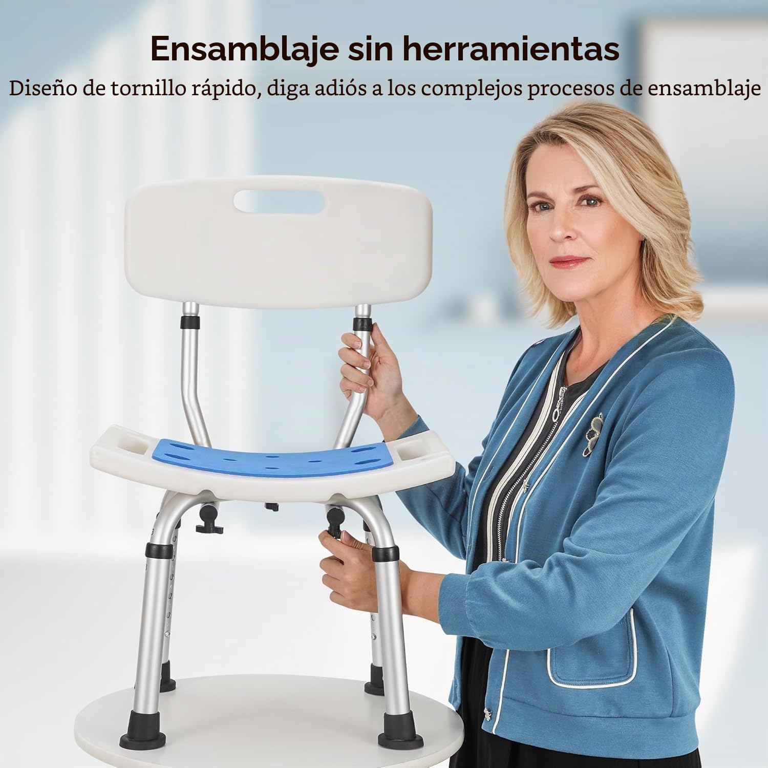 Careboda Silla de ducha ajustable de 6 alturas con montaje sin herramientas, silla de bañera de aluminio con cojín de asiento para ducha interior, antideslizante para seguridad