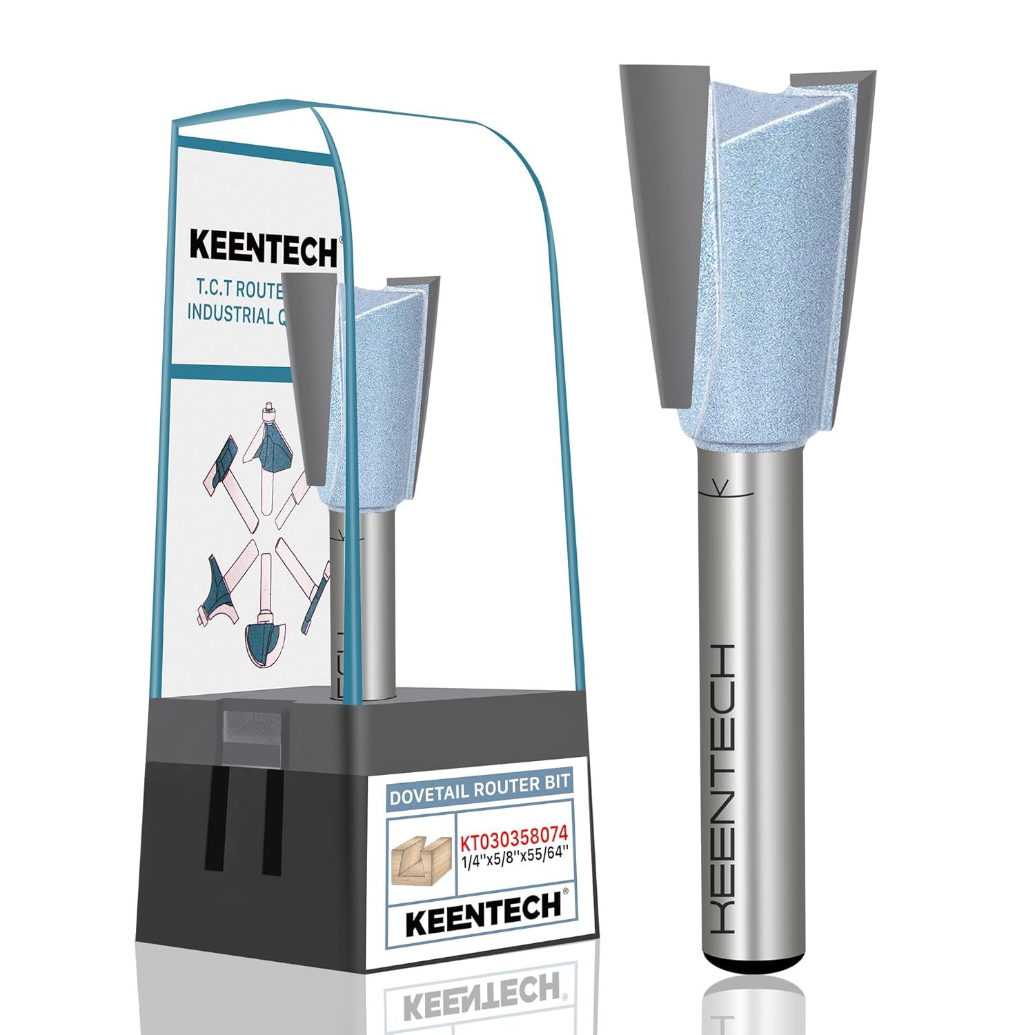 KEENTECH Router Bits, Carbide Tipped 7-Degree Dovetail Bit for Joinery, Industrial Grade Blue Cutting Tools for Woodworking (1/4 Inch Shank x 5/8 Inch Diameter x 55/64 Inch Depth, KT030358074)