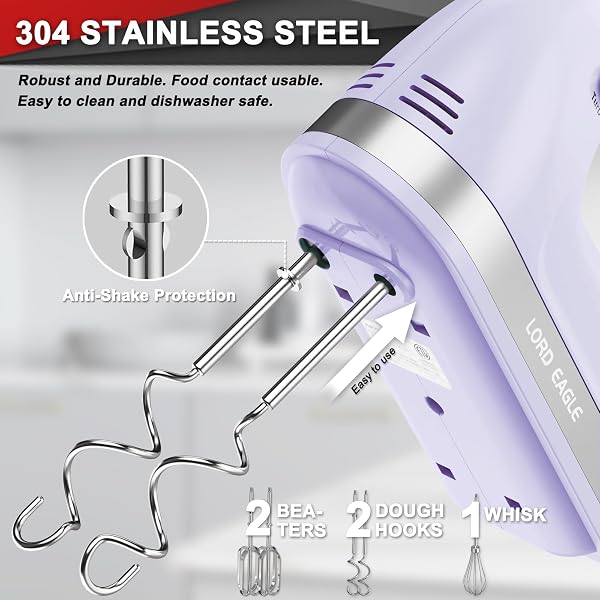 Lord Eagle Hand Mixer Electric Whisk, 400W Power Handheld Mixer for Baking Cake Egg Cream Food Beater, Turbo Boost/Self-Control Speed + 5 Speed + Eject Button + 5 Accessories, Purple - 2
