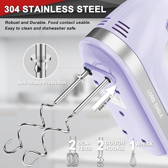 Lord Eagle Hand Mixer Electric Whisk, 400W Power Handheld Mixer for Baking Cake Egg Cream Food Beater, Turbo Boost/Self-Control Speed + 5 Speed + Eject Button + 5 Accessories, Purple