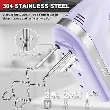 Lord Eagle Hand Mixer Electric Whisk, 400W Power Handheld Mixer for Baking Cake Egg Cream Food Beater, Turbo Boost/Self-Control Speed + 5 Speed + Eject Button + 5 Accessories, Purple