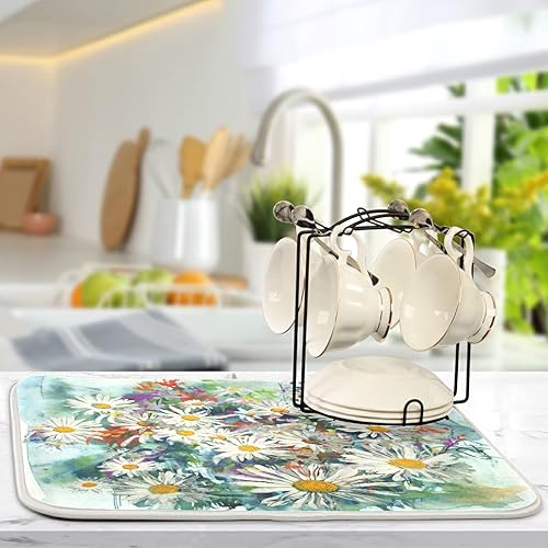 Vista 145 de Tapete de secado de platos de flores de fondo negro para encimera de cocina de 18 x 24 pulgadas, tapete de microfibra absorbente, tapete de secado