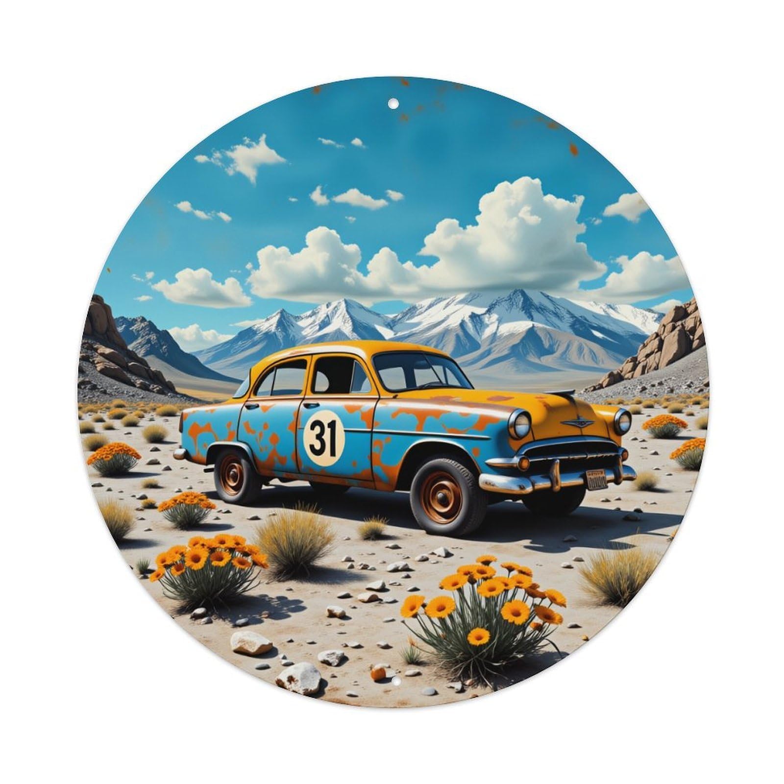 Retro Car Desert Flowers Mountains Vintage Metal Tin Sign Retro Wall Decor for Home Bar Garage Cafe, Indoor & Outdoor Decorative，circle Metal Poster, 8x8 Inch