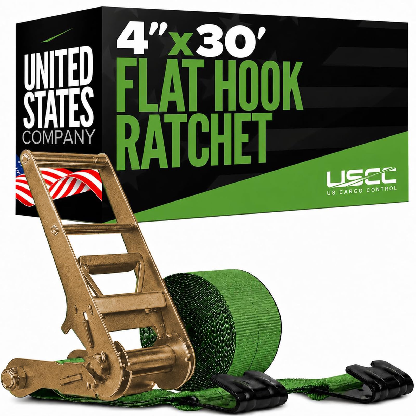 US Cargo Control Flat Hook Ratchet Strap 4” x 30’, 5,400 LBS Working Load Limit, Green 4 Inch Ratchet Strap with Black Flat Hook, Professional 4 Inch Strap for Flatbed Trailers