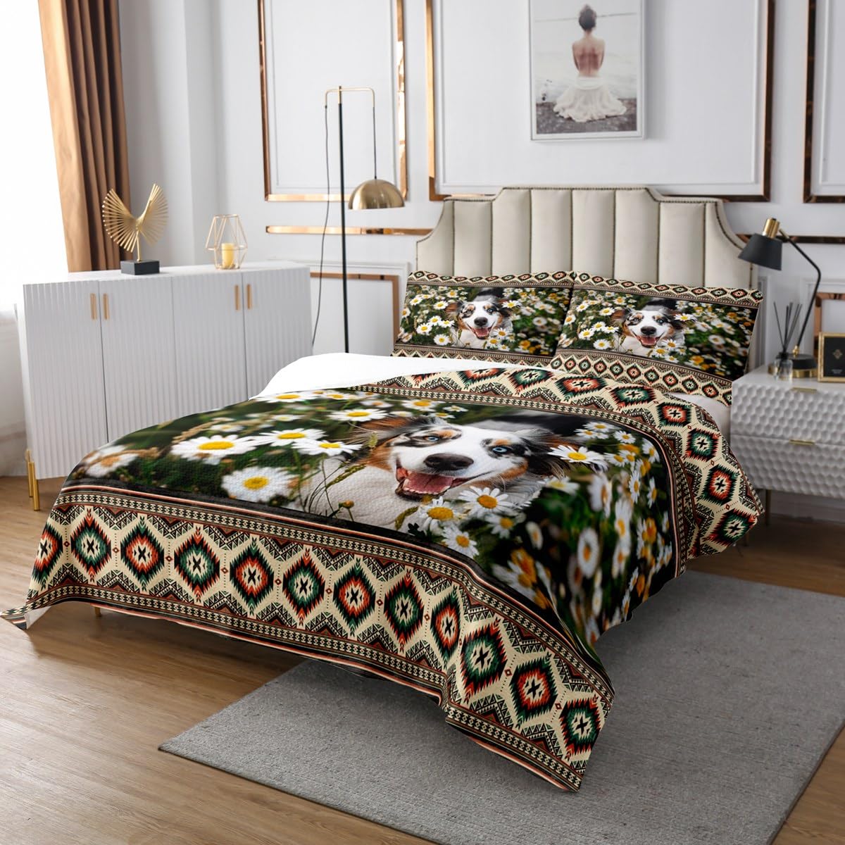 Manfei Kids 3D Dog Kids Bedspread Twin Size, Cute Pet Animal Coverlet Set 2pcs for Boys Girls Teens Room Decor, White Daisy Flower Quilted Coverlet with 1 Pillowcase, Soft Polyester Bedding Quilt