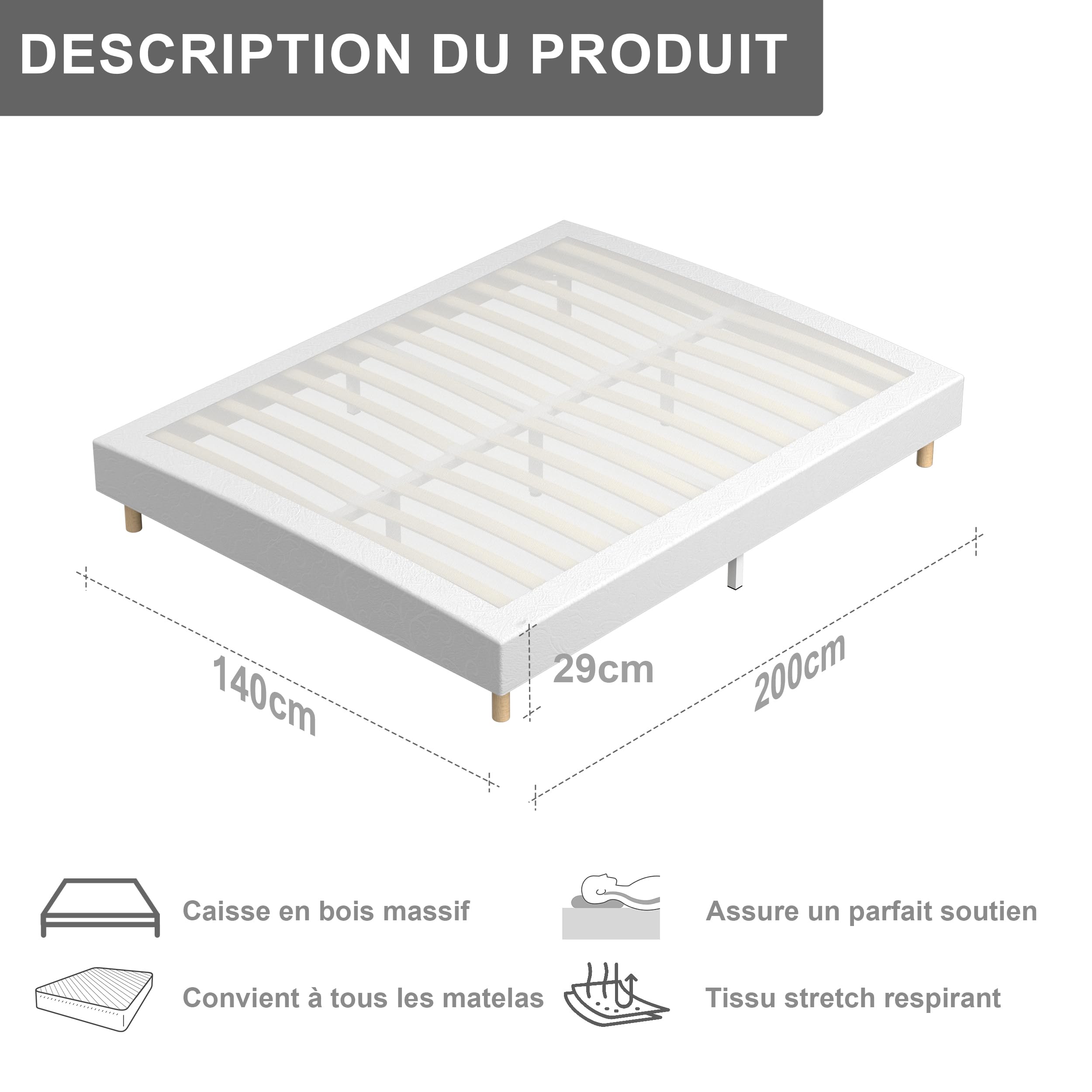 TEENO Ensemble Sommier et Matelas 140x200 cm, Lit 2 Personnes Complet avec Sommier Tapissier et Matelas Memoire de Forme, Confort, Respirant (Matelas 140x200x25+Sommier)