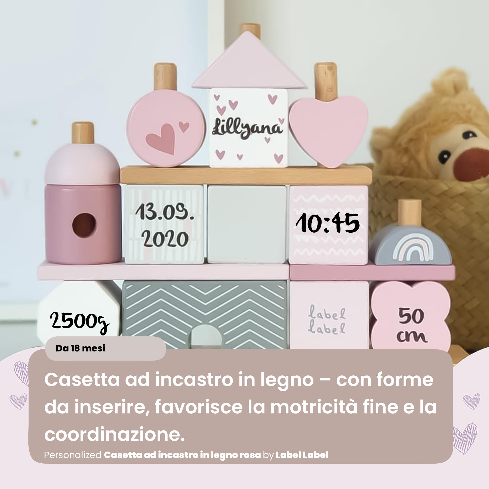 Personalizzabile Casa impilabile in legno Rosa – Sviluppo delle abilità motorie – Dai 18 mesi in su – Personalizzabile con nome e dettagli di nascita – Label Label
