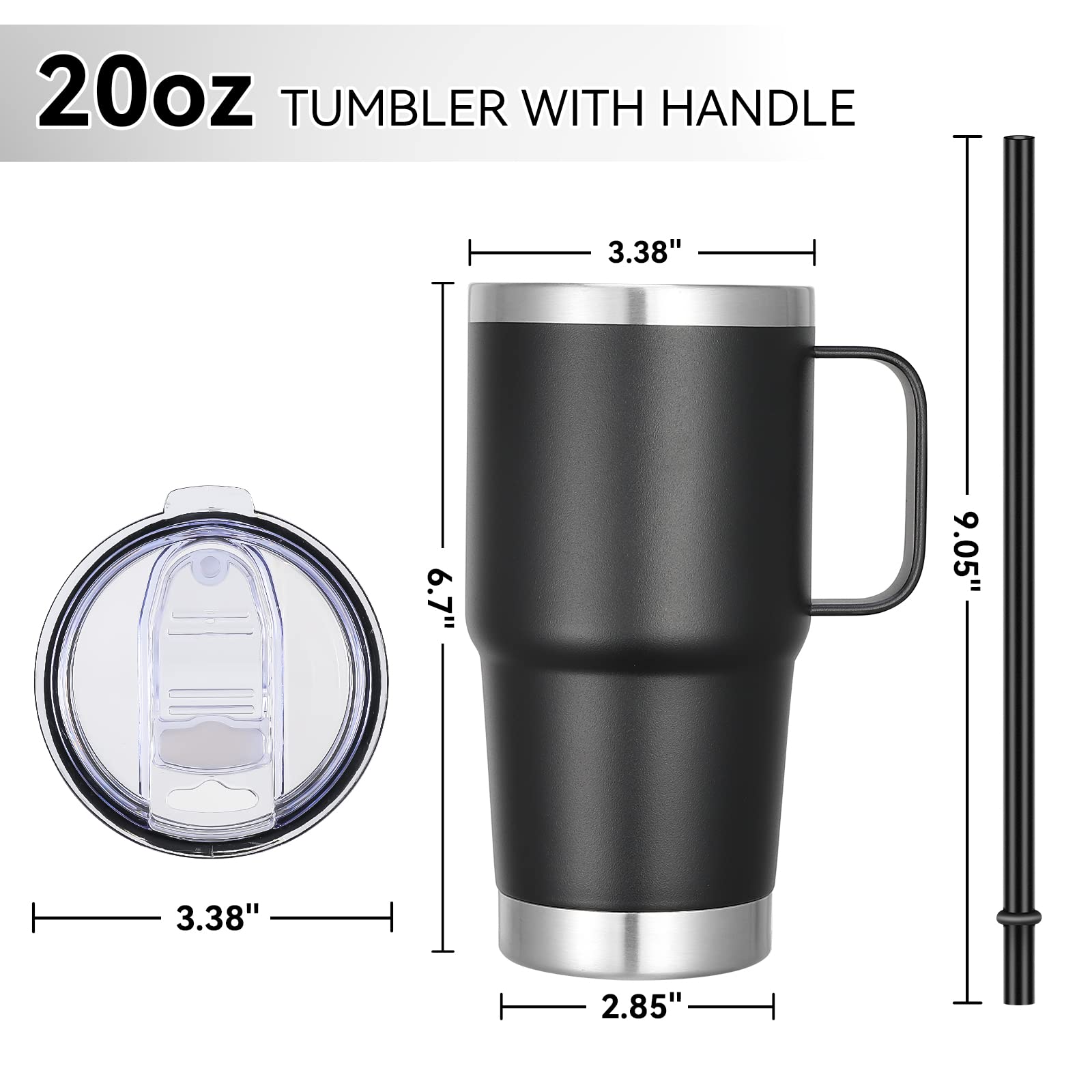 VEGOND Kubek 590 ml z uchwytem pokrywką i słomką, izolowany kubek podróżny ze stali nierdzewnej odporny na zalanie podwójna ścianka metalowy kubek utrzymuje napój gorący i zimny, czarny