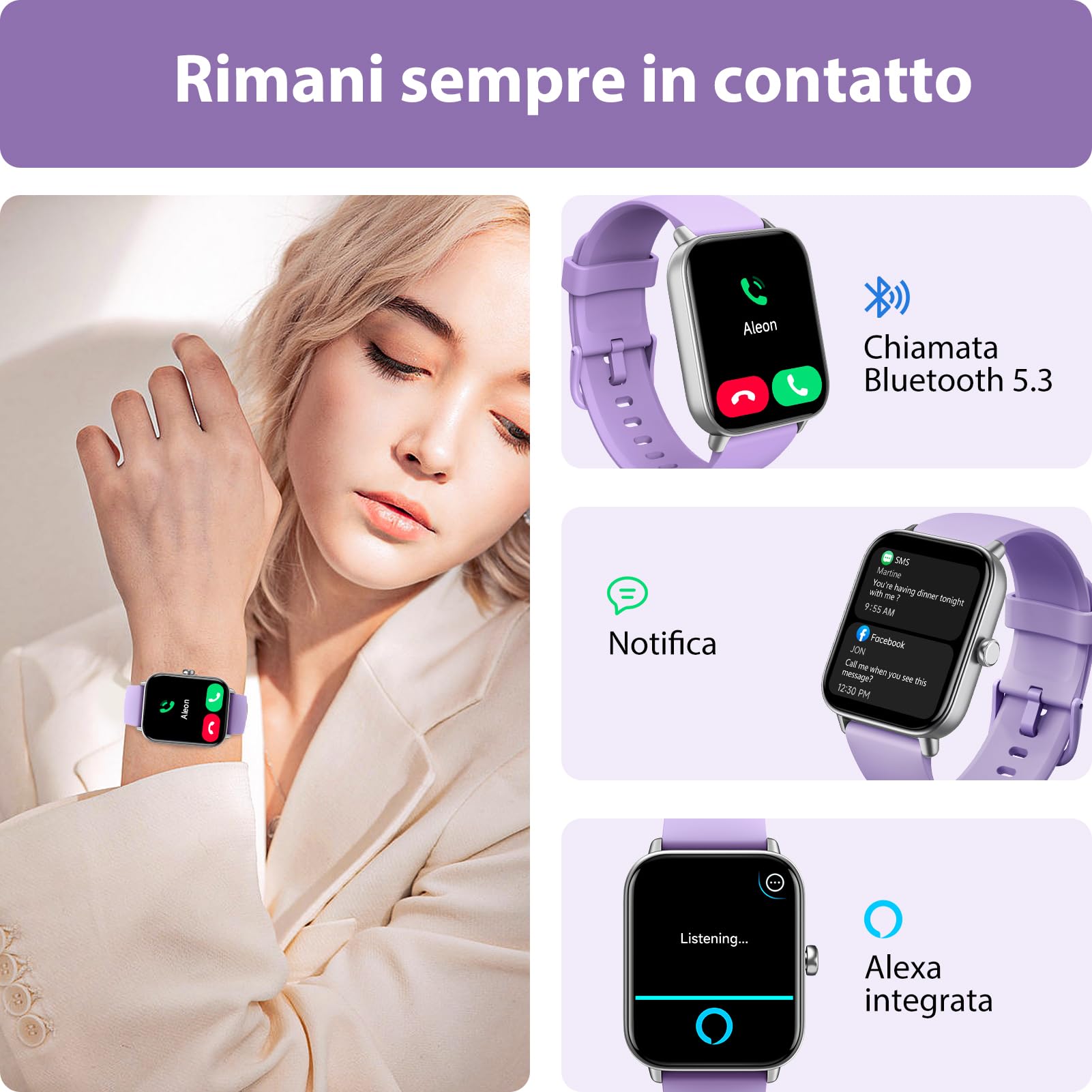 Smartwatch Uomo Donna Rispondi/Effettua Chiamate, 1.8" Orologio Alexa Integrata, SpO2/Frequenza Cardiaca/Sonno/Stress, 100+ Sports, Contacalorie/Passi, IP68 Smart Watch per Android/iOS (Viola, 1.8)