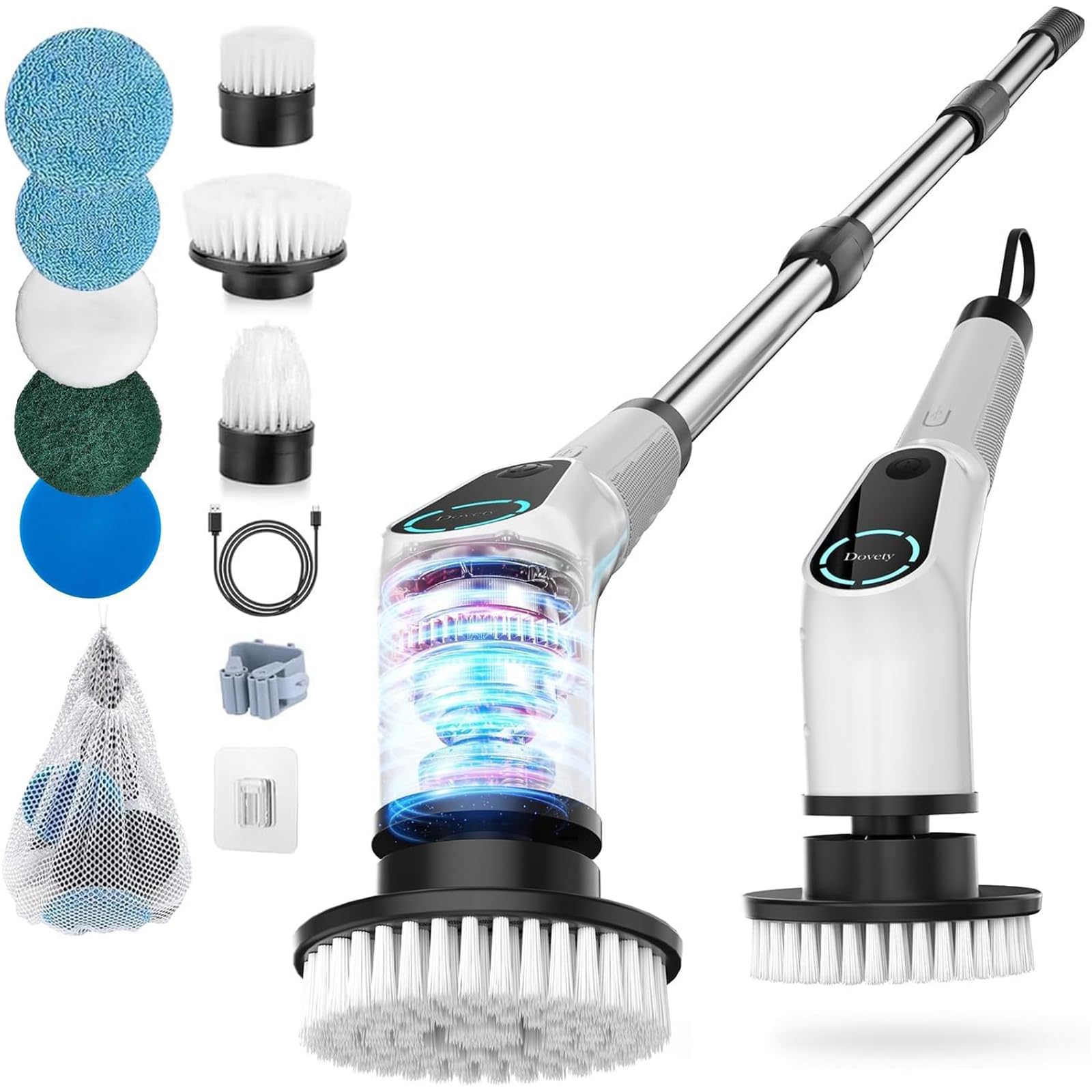 Dovety Electric Spin Scrubber, Cordless Cleaning Brush, Shower Scrubber with 8 Replaceable Brush Head, Power Cleaning Brush with Extension Handle, 2 Adjustable Speed, for Bathtub Grout Tile Floor