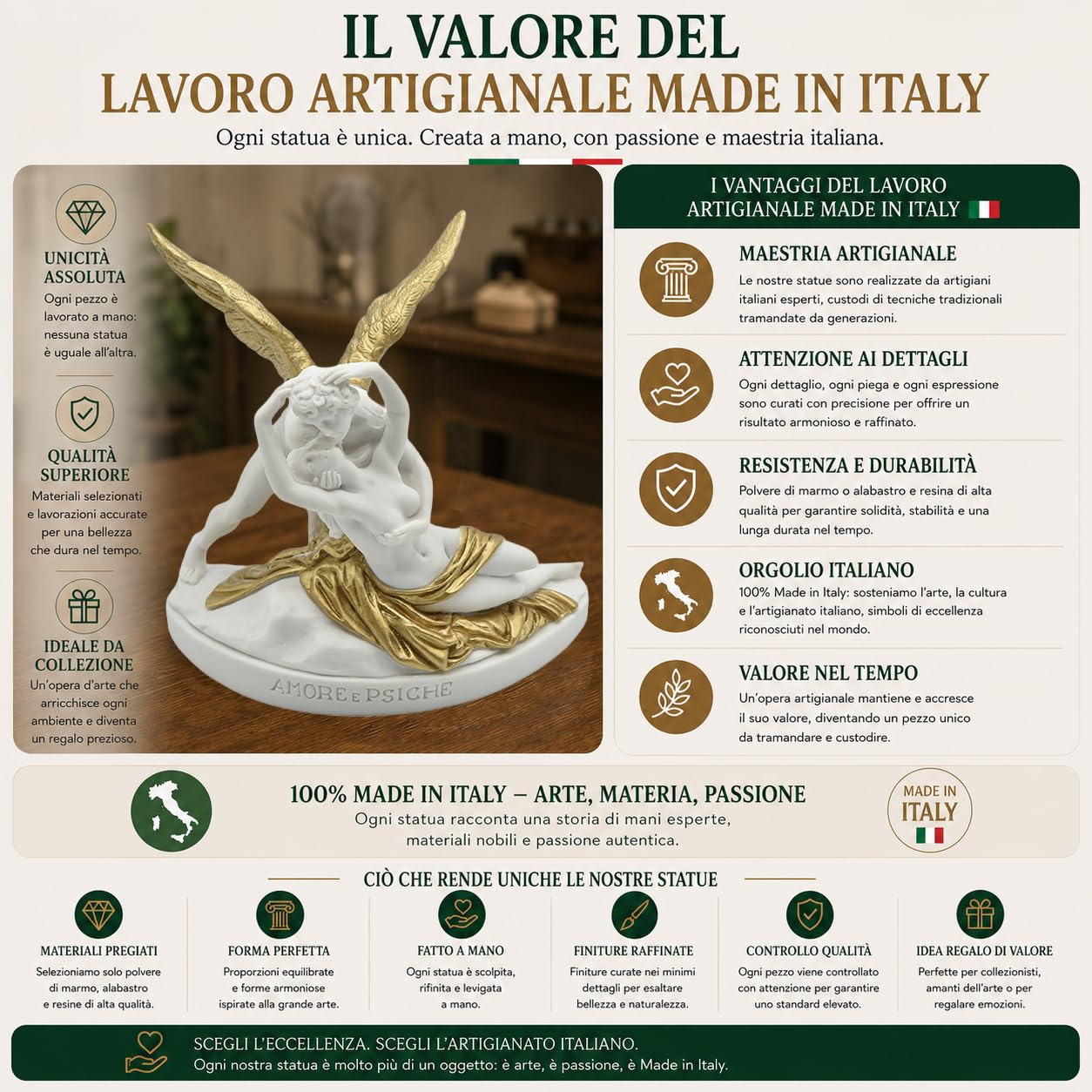 GINGERSHOPONLINE Busto Statua Design: Amore e Psiche (versione dipinta oro) - Riproduzione busto, scultura in marmo e resina - circa 13 cm, 350 gr. - Prodotto Made in Italy - Idea Regalo Casa