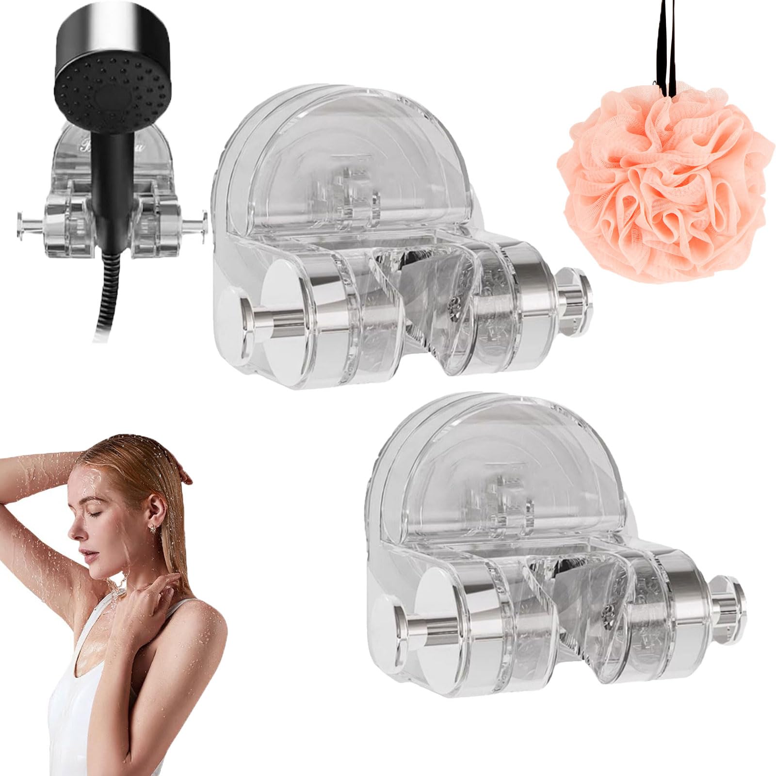 Qosigote Clear 2Pcs Integrated Suction Cup Shower Rack Wall Mounted Non Perforated Shower Fixture, Shower Rack Suction Cup, Suction Shower Rack Universal Adjustable Removable (Clear 2Pcs)