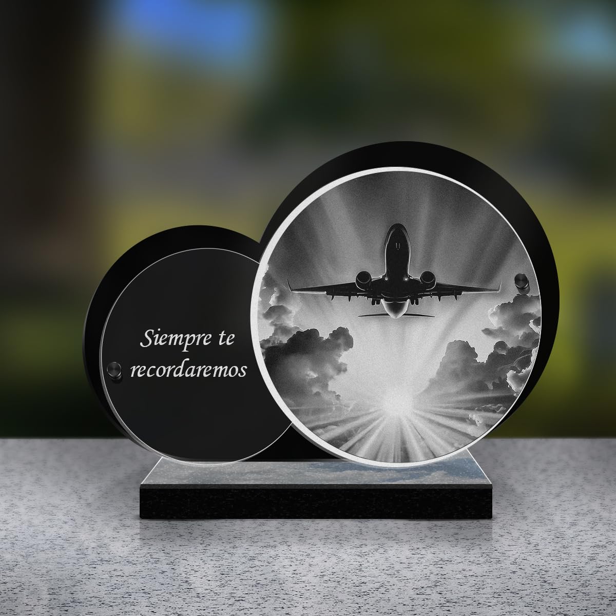 Eternel - Placa Funeraria Personalizada Doble Círculo - Avión, Piloto, Viaje - Texto Personalizable, Placa Funeraria Grabada con Láser para Homenaje, Placa Mortuoria, Tumba, Sepultura, Ceremonia