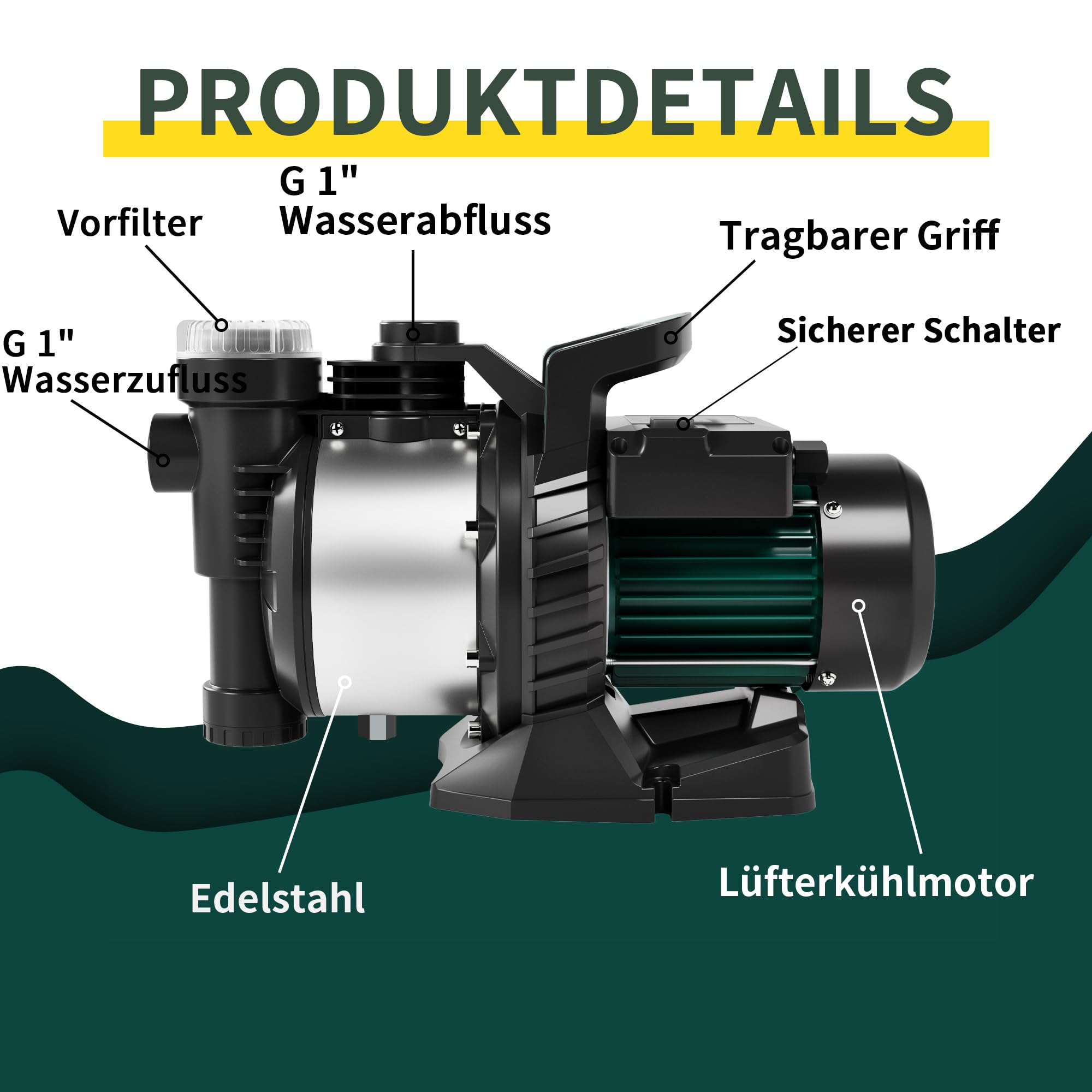 LANCHEZ Gartenpumpe 5000 l/h Fördermenge, Leistung 1300 W, Förderhöhe 50 m, Mit Filter, Wasseranschluss und Ablass, Ansaughöhe bis zu 7 m, Wasserpumpe für Regenfässer, Zisternen, Gartenteiche