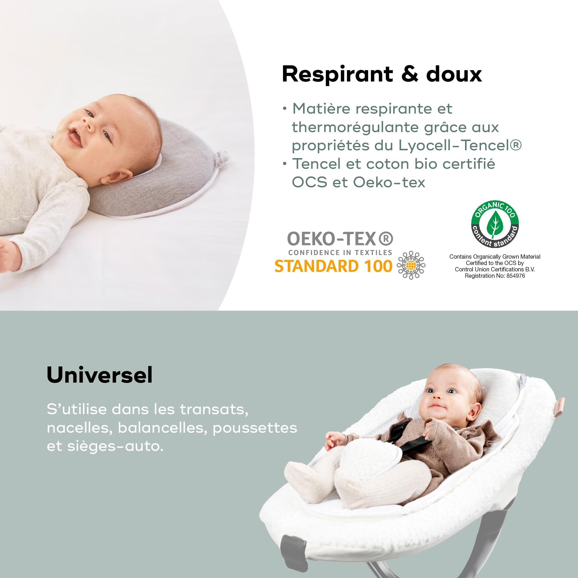 Babymoov Cosyhead Fresh Smokey, cuffia ergonomica e traspirante per bambini, made in Europe