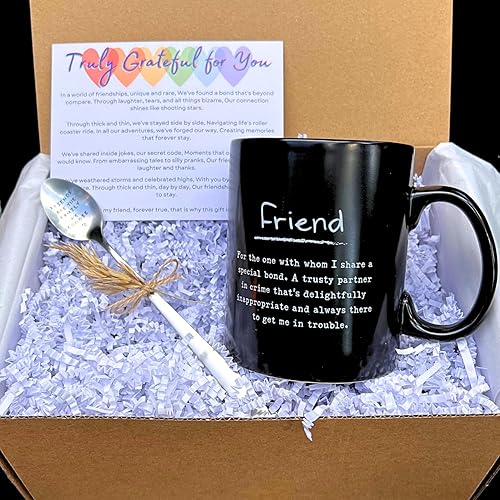 Miniatura 7 de Caja de regalo de taza de café con texto en inglés "Friends are the Family We Choose", taza de cerámica negra de 20 onzas, cuchara de acero