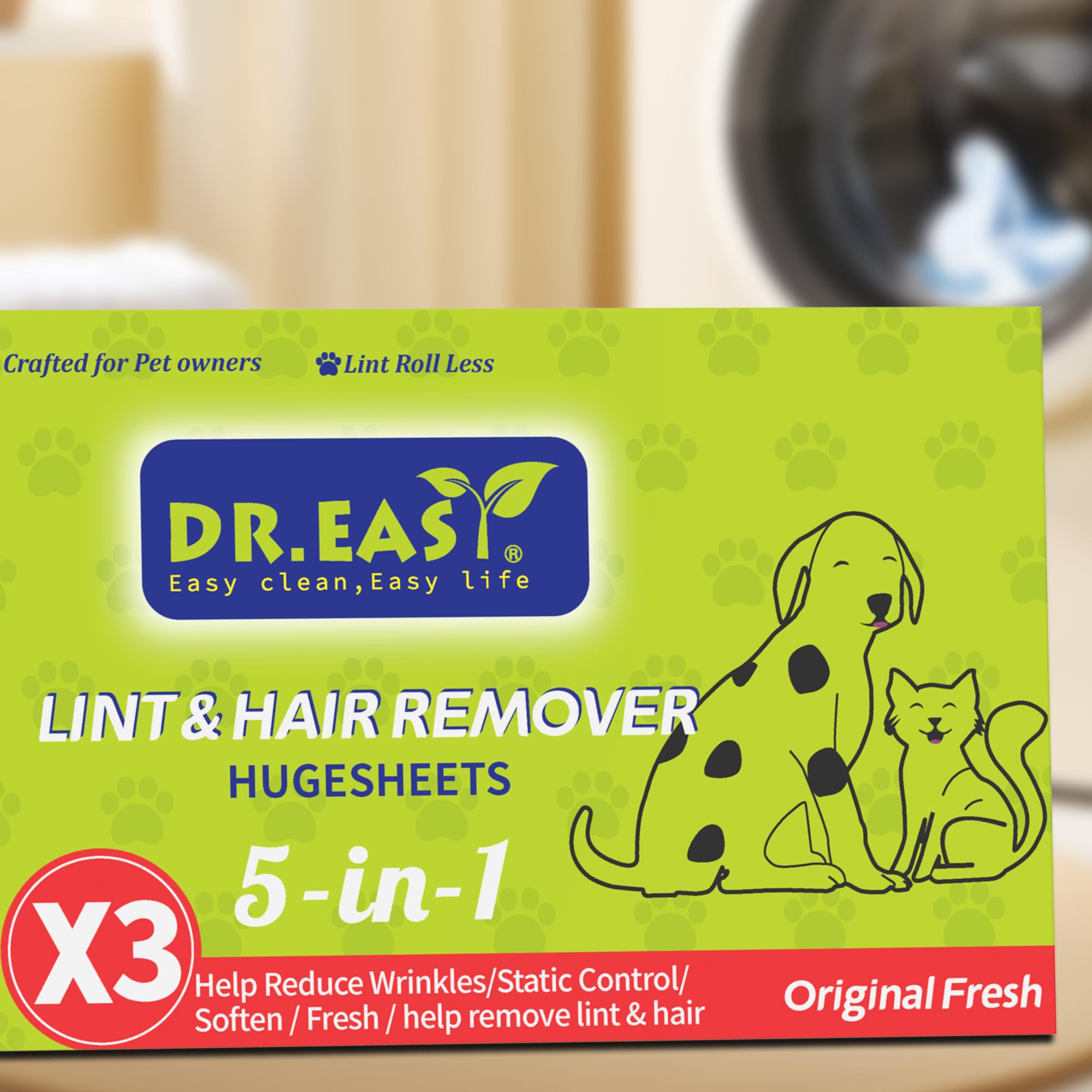 Dr.Easy LINT & HAARENTFERNER Haustier HUGESHEETS mit 3X Trocknertüchern, Original Frisch, 200 Stück, PFLANZEN- & MINERALBASIERTE FORMEL