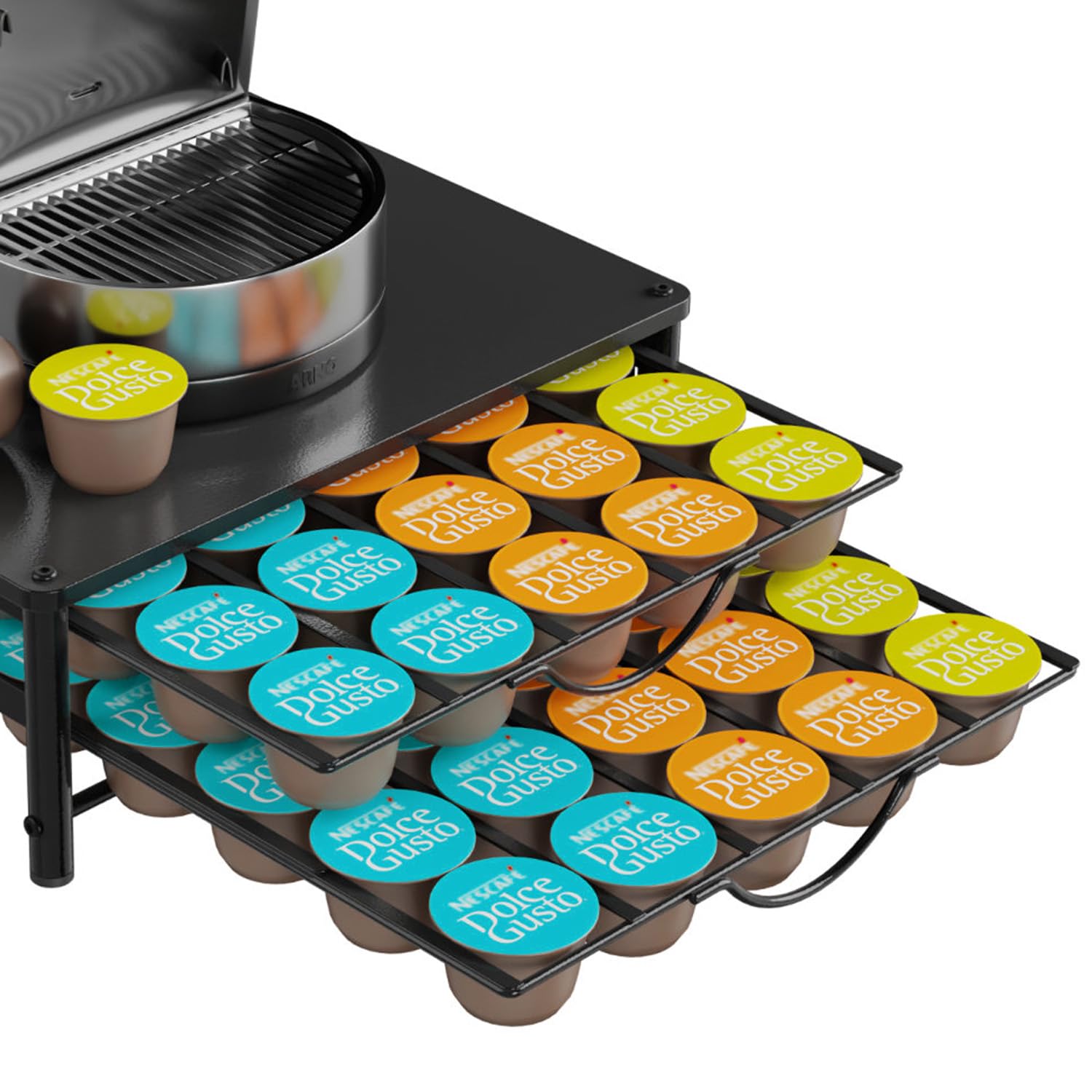 HFHOME Kapselhalter für Dolce Gusto 60 Kaffeekapseln Aufbewahrung, 2 Leise Metall Kapselschublade mit Rutschfeste Füße, Geeignet für Kürche und Büro