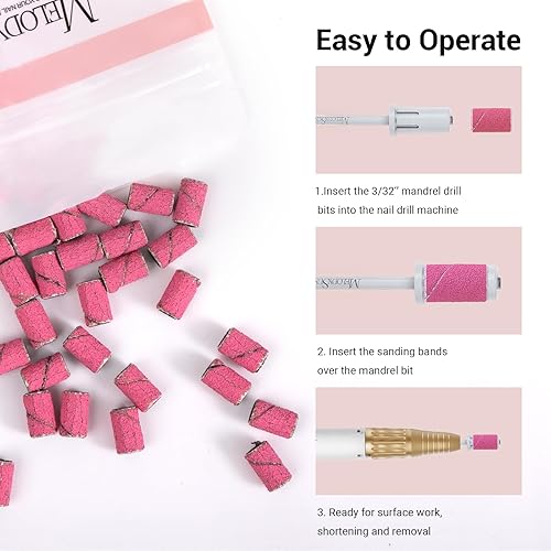 Miniatura 90 de MelodySusie 100 unidades de brocas de uñas, bandas de lijado para taladro de uñas, 120 bandas de lijado de lima de uñas de grano medio para uñas