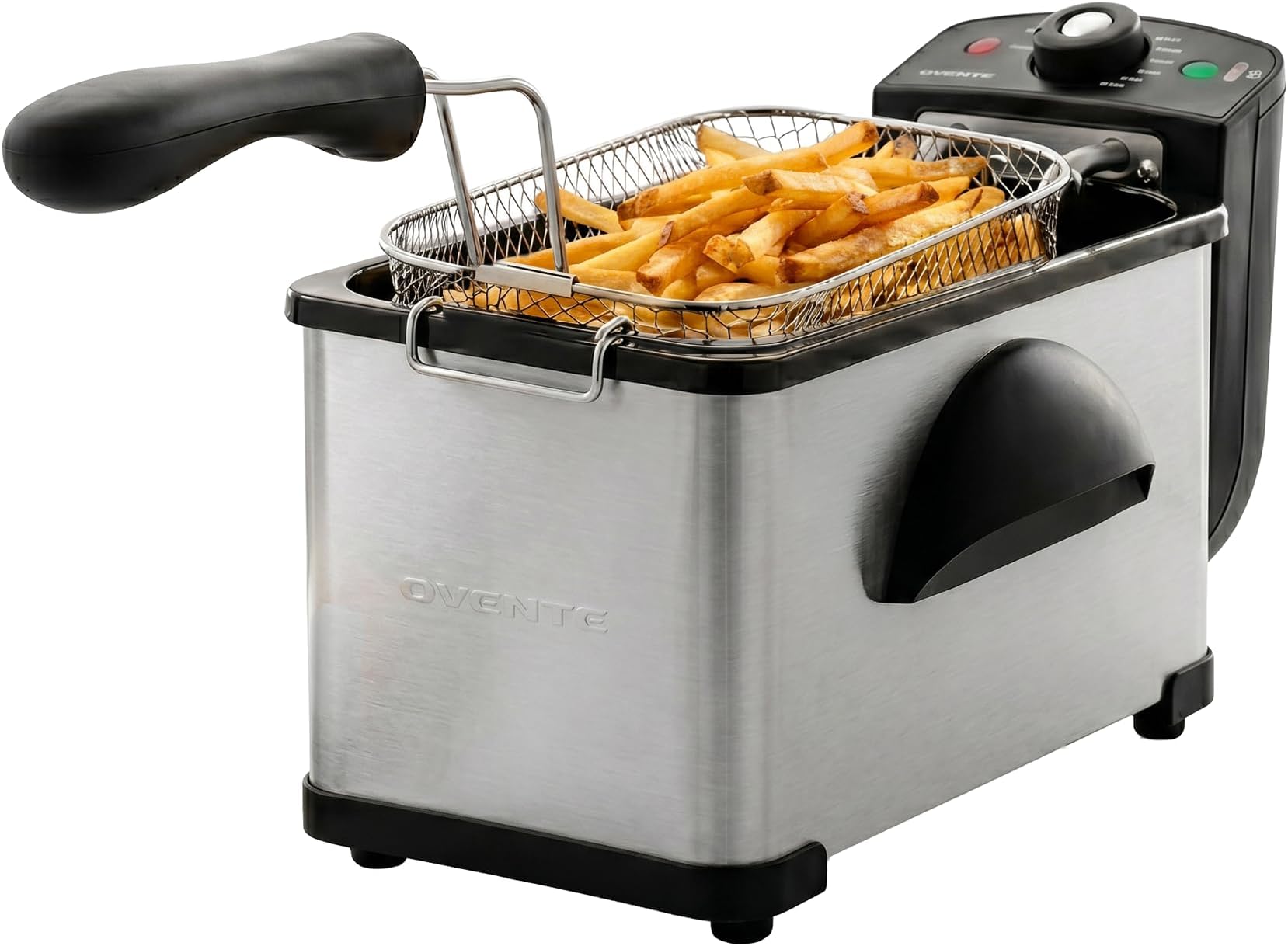OVENTE Electric Deep Fryer 2 Liter Capacity, 1500 Watt Lid with Viewing Window and Odor Filter, Adjustable Temperature, Removable Frying Basket and Easy to Clean Stainless Steel Body, Silver FDM2201BR