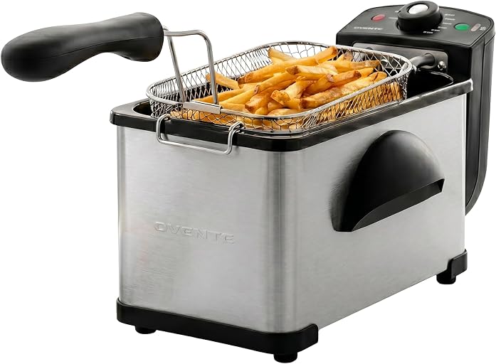 OVENTE Electric Deep Fryer 2 Liter Capacity, 1500 Watt Lid with Viewing Window and Odor Filter, Adjustable Temperature, Removable Frying Basket and Easy to Clean Stainless Steel Body, Silver FDM2201BR