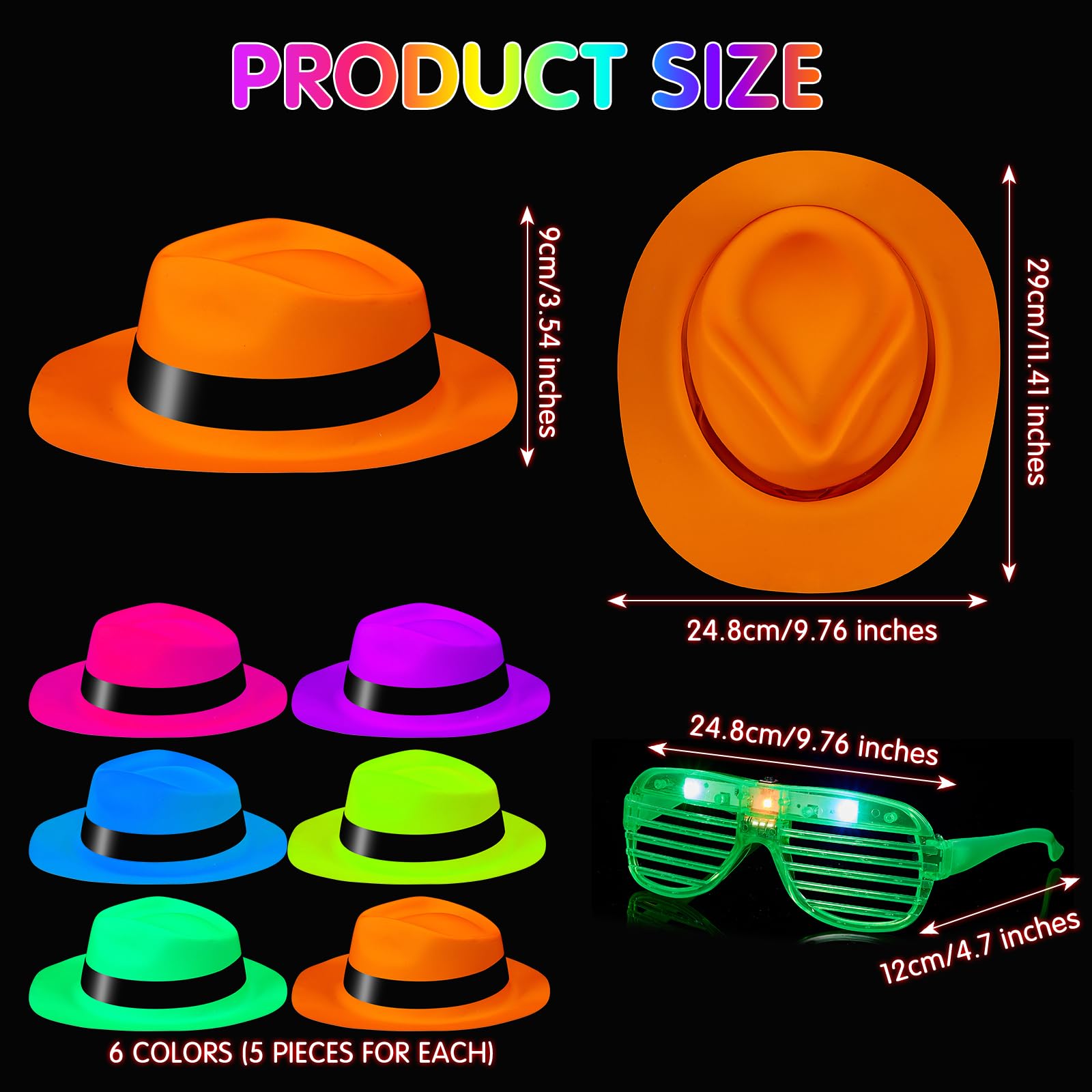 Lot de 60 chapeaux de fête néon avec 30 lunettes lumineuses à DEL en plastique de couleur fluo pour fête des années 80