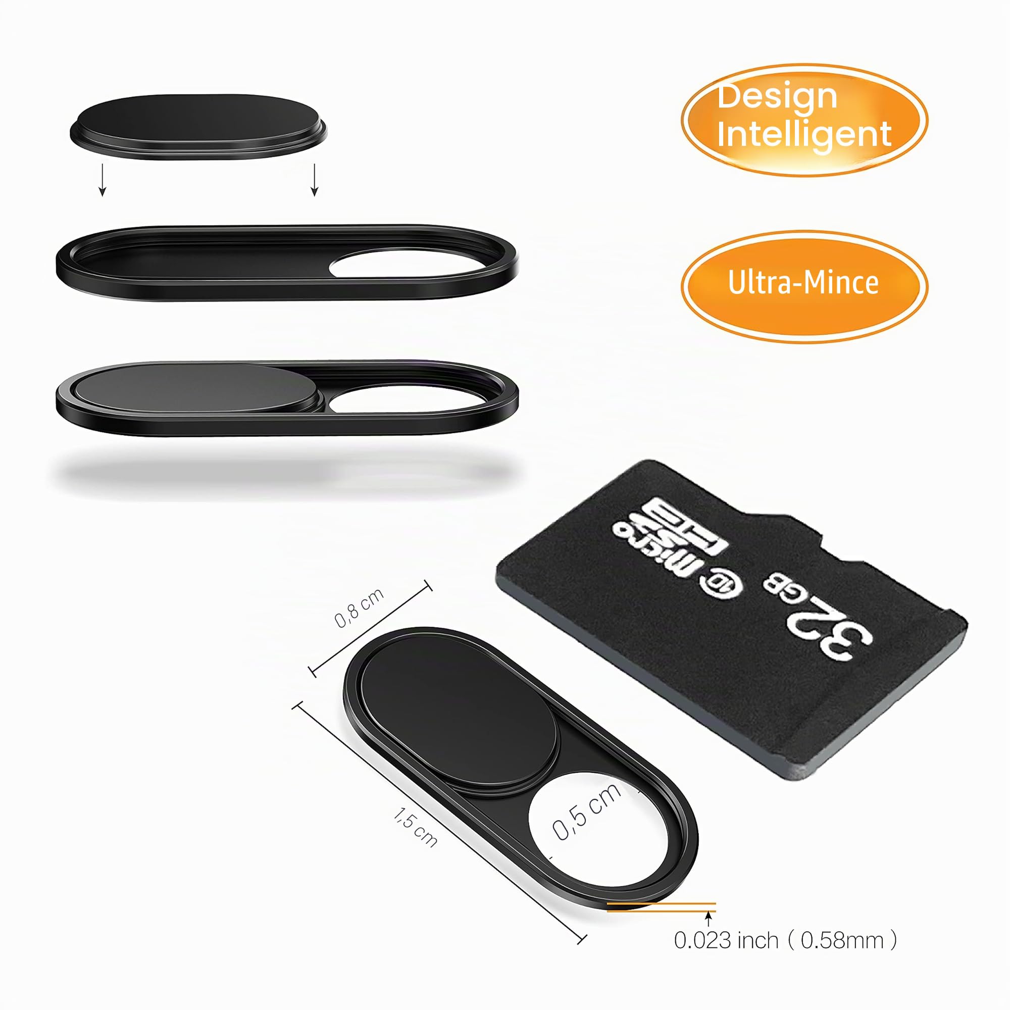 imluckies Cache Webcam Slide [0,6mm Ultra Fin Métallique] pour MacBook Pro, Ordinateur Portable, MacBook air, iMac, iPad, PC, iPhone, Protection Vie Privée Caméra Cover Coulissant, Noir [2 Pièces]