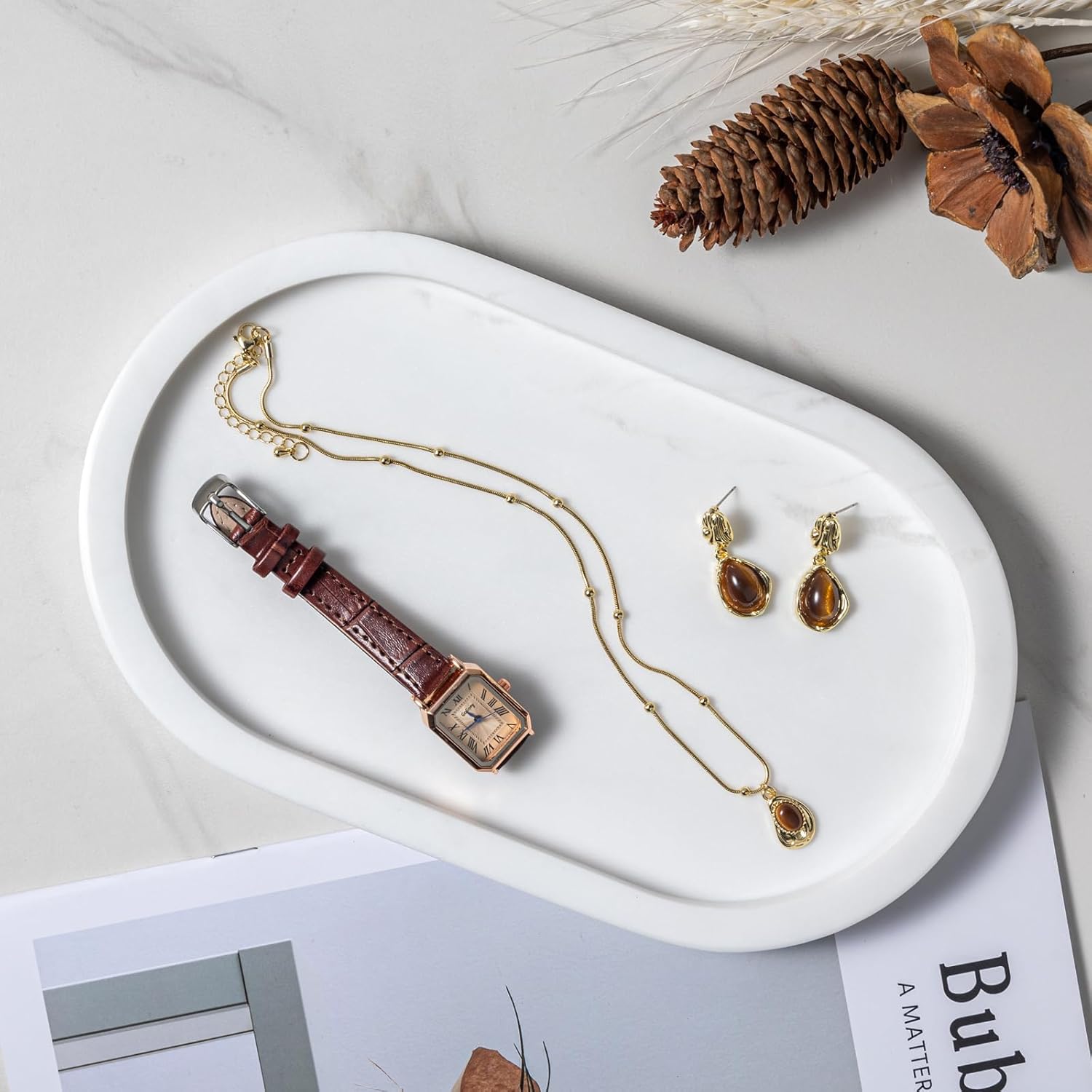 Oval Natural Marble Tray, Bathroom Vanity Organizer for Jewelry Watches Cosmetics Perfume Bottles, White Stone Tray 10x6 Inches - Image 5