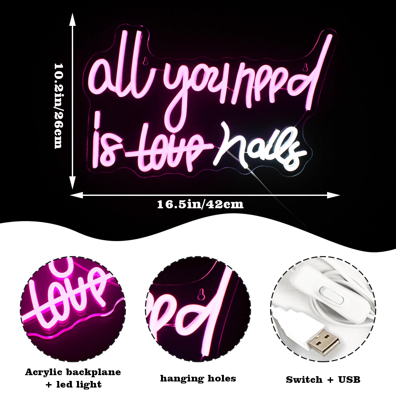Looklight All You Need is Nails neonowy szyld na paznokcie, dekoracja ścienna, różowa tabliczka LED, neonowe światła USB, neonowe światła do sypialni, pokoju paznokci, salonu, spa, baru, na imprezę