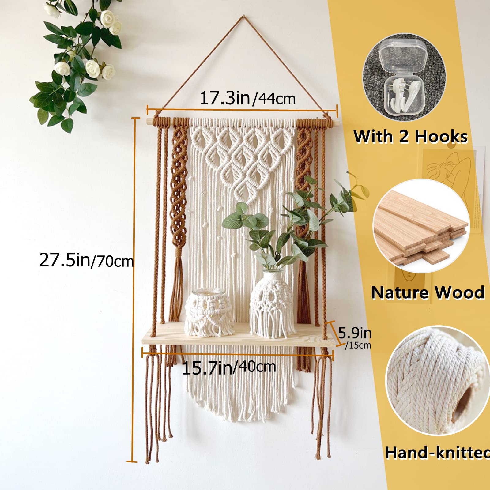 Makramee-Hängeregal Aus Holz & Seil – 1-etagig, Boho Wandregal Für Pflanzen, Bücher & Deko