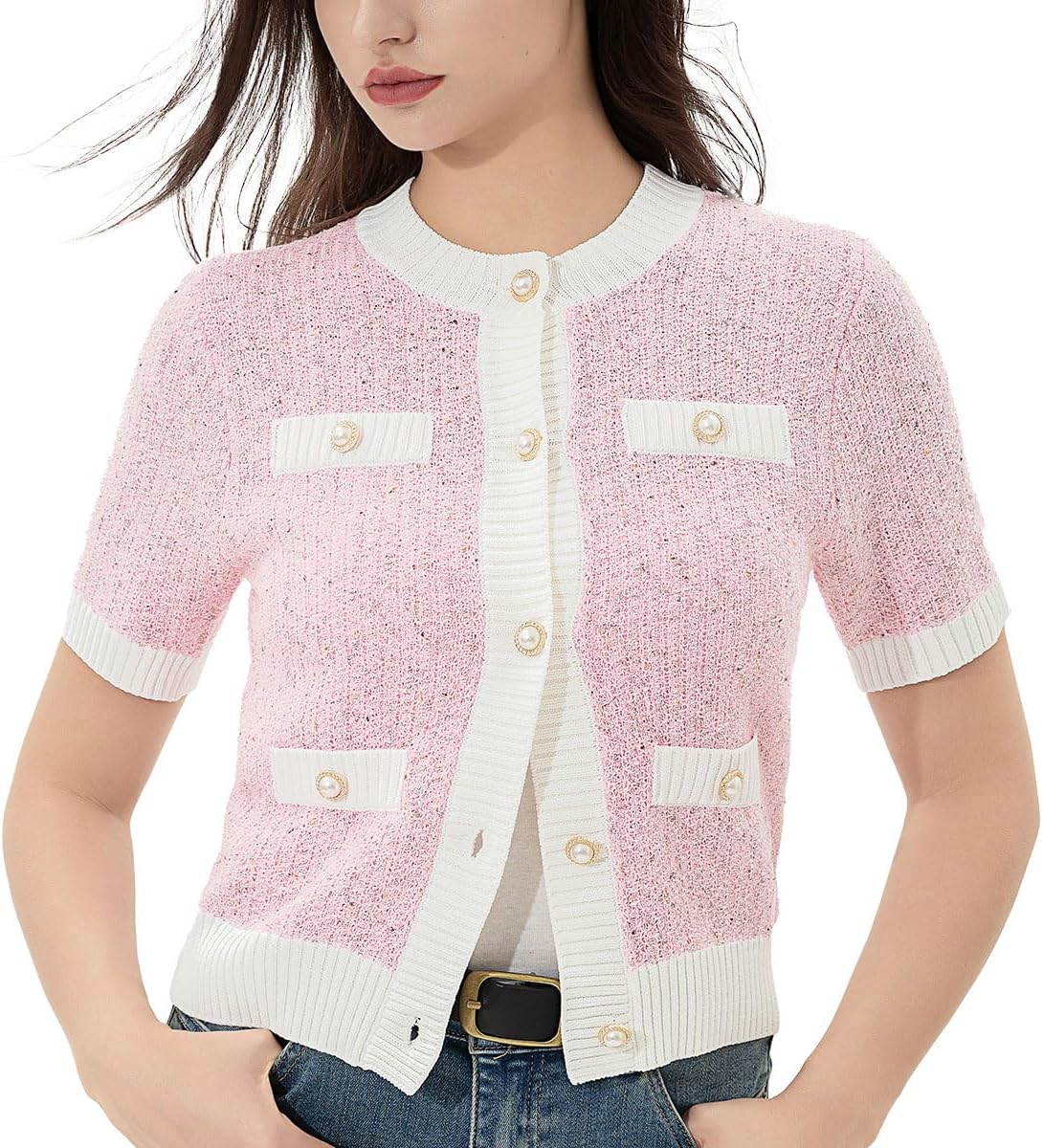 URBAN REVIVO Womens Short Sleeve Cardigans Tops Summer Button Up Work Cropped Sweater Shirts 2025 Small Pink-02