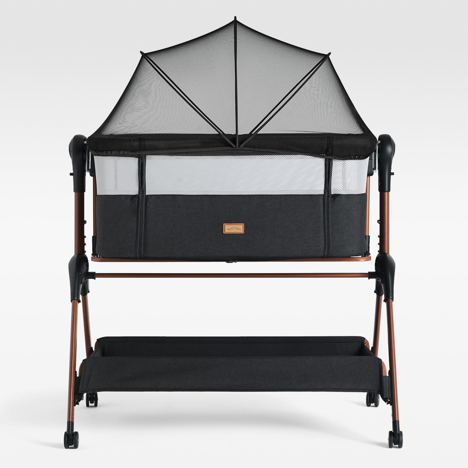 LullaBee Cuna Colecho & Cuna para Bebé – 6 Niveles de Altura, Función de Balanceo, Ruedas, Colchón Acolchado, Laterales de Malla Mosquitera con Bolsa de Transporte (0–6 Meses) – Negro/Marrón