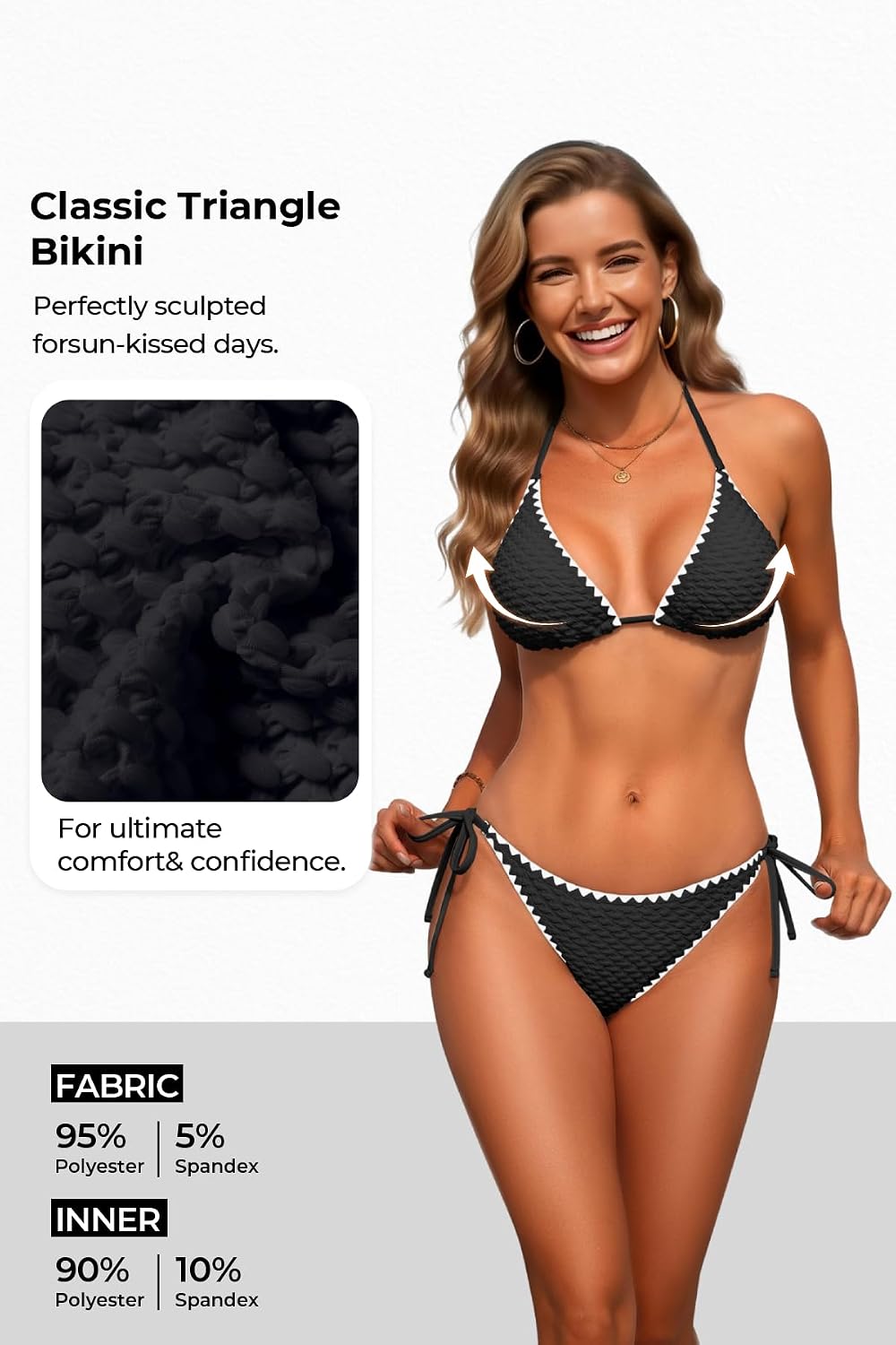 Women Texured Triangle Bikini Set Halter Two Piece String Sexy Swimsuit | contrast trim,tie side,high cut,cheeky,adjustable straps,removable pads