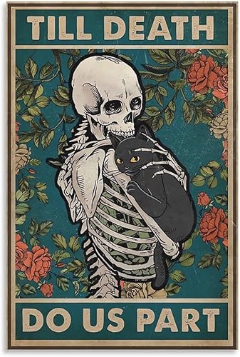 HAYOY Póster de calavera de pared de flores y gato negro, para estética de habitación, póster de lienzo e impresión, póster de habitación para