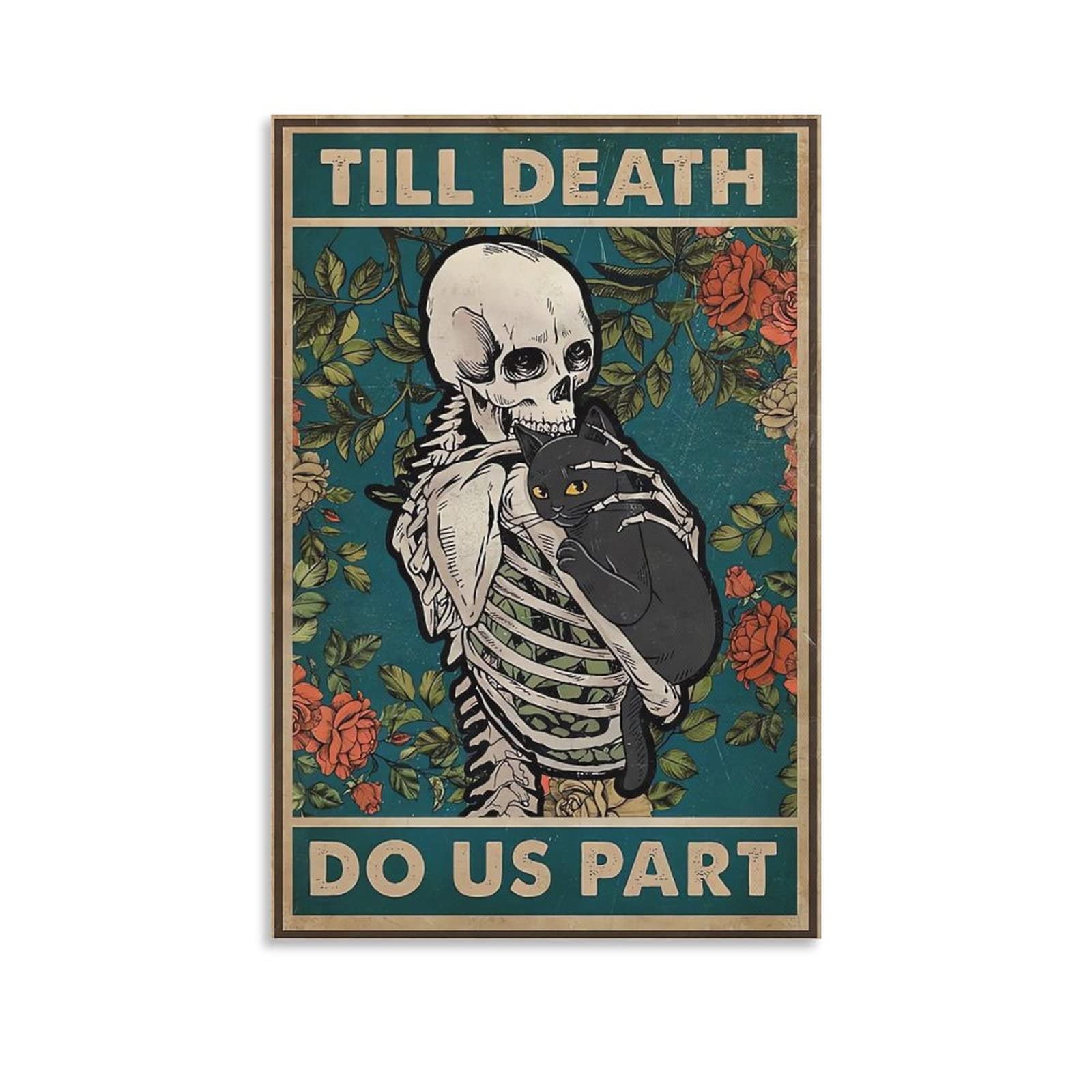 HAYOYFlower Wall Skull And Black Cat, Poster for Room Aesthetics，Canvas Wall Art Poster and Print，Cat Lovers Room Posters 12x18inch(Frameless)