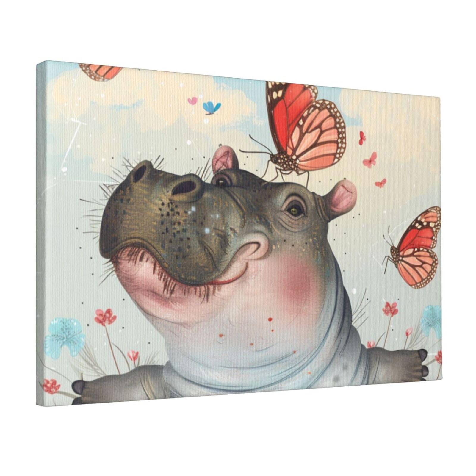 YKLJG Butterfly and hippo Printed Wall Art Canvas Prints 45x30 CM Wooden Framed Picture Painting Artwork for Bedroom Kitchen Home Office Decor