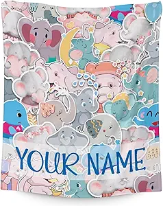 Personalized Elephant Blanket Gifts with Name - 50"x60" Cute Throw for Women Girls - Colorful Soft Fuzzy Blankets for Bed, Couch & Living Room