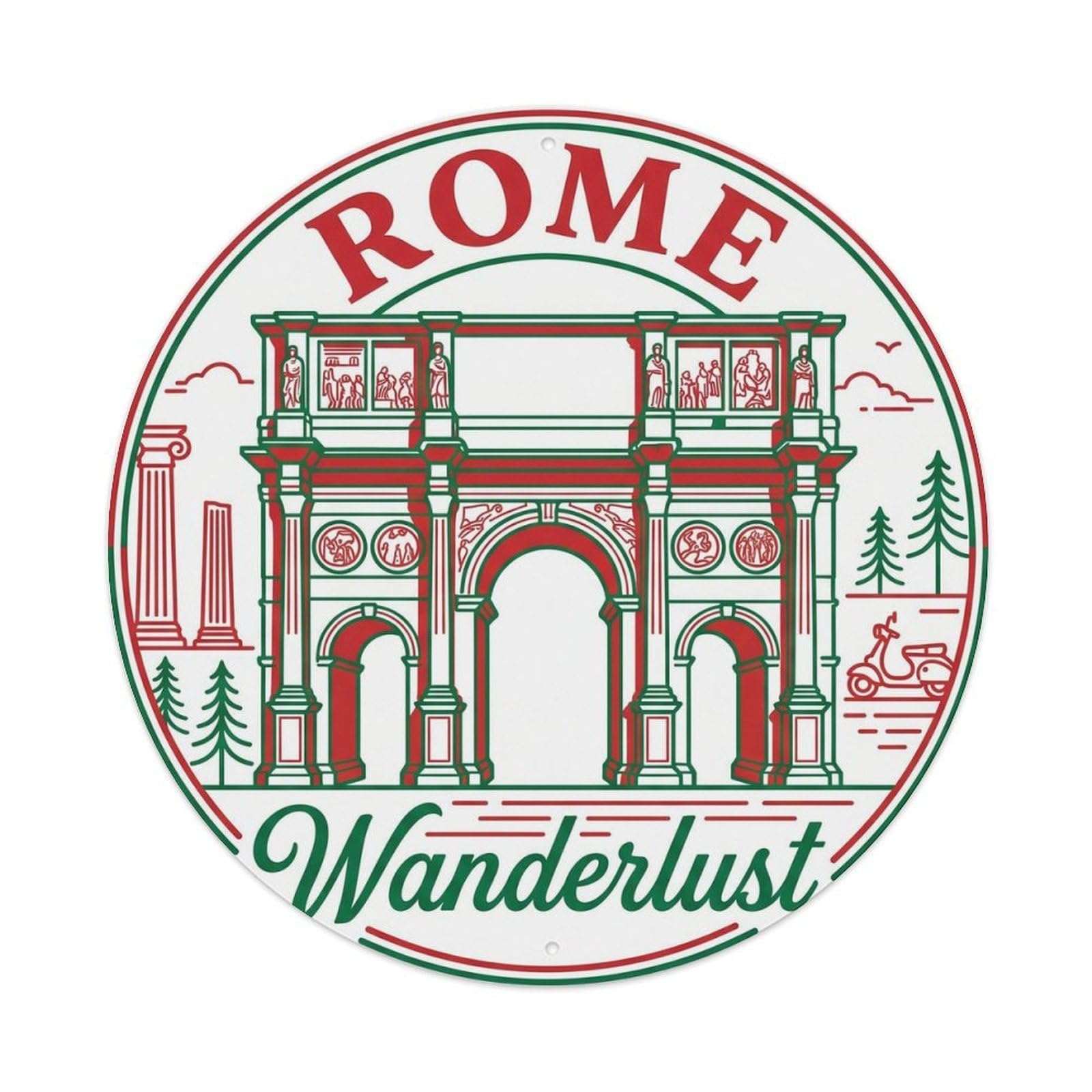 Roman Landmark Architecture City Europe Classic Destination Metal Tin Sign Plaque Wall Decor for Cafe, Man Cave, Club Bar, Office, Home Garden Round Metal Poster 8x8Inch