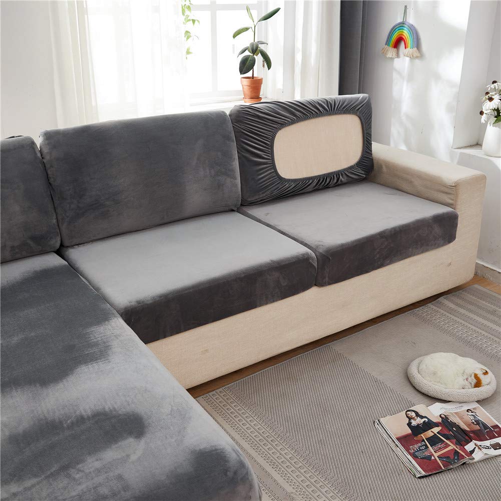 Sofa Seat Cushion Covers Velvet, Sofa Cushion Slipcovers Replacement, Couch Cushion Covers Thick Stretch for Individual Cushions (Gray,Backrest cover)