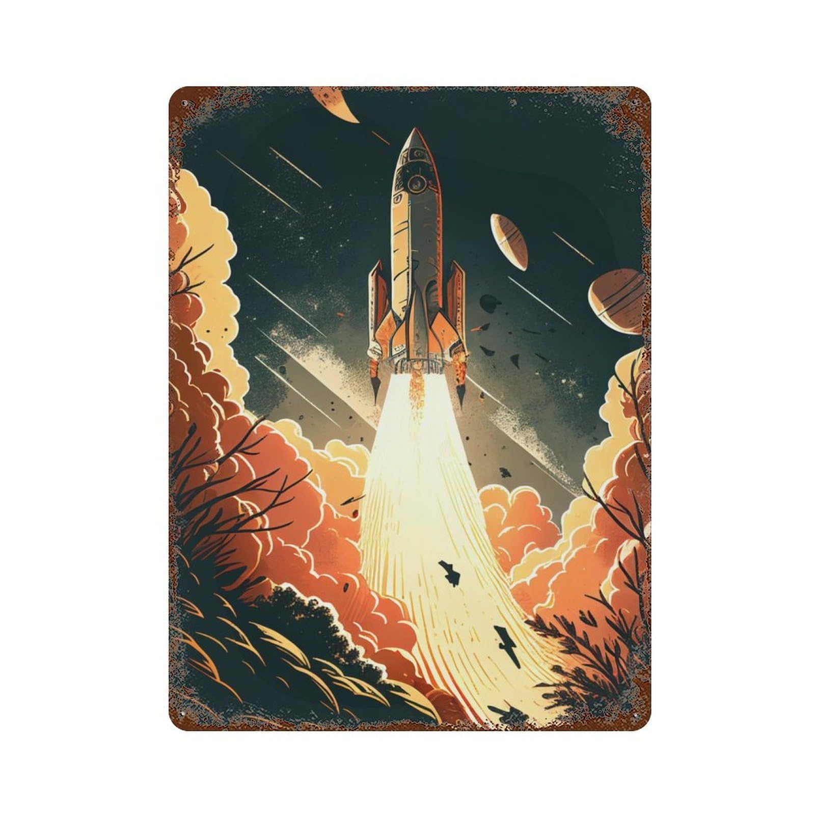 Garage Style Rocket Blastoff Weathered Tin Sign 15.7"x11.8", Classic Wall Plaque for Bar And Workshop